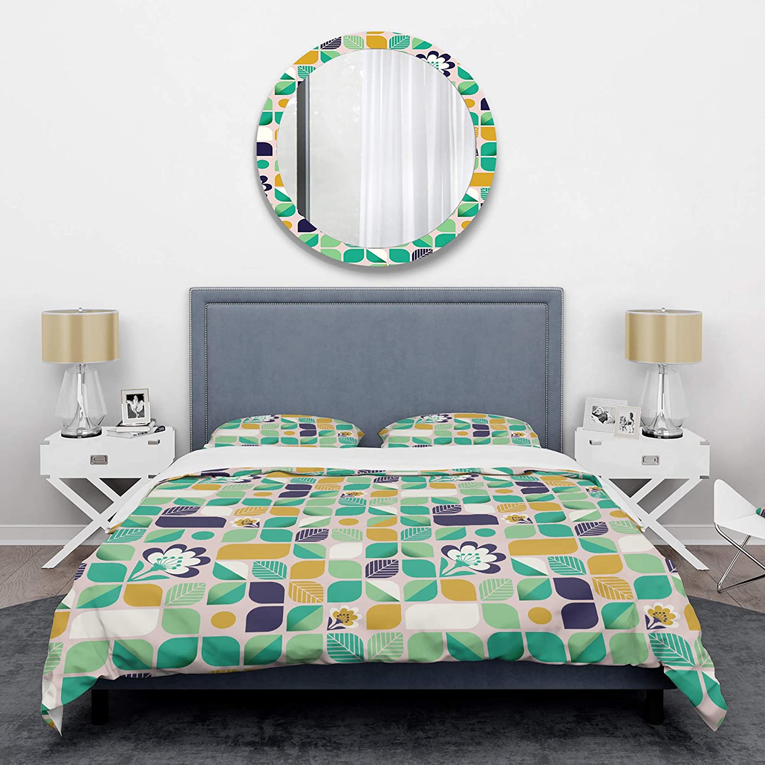 Price:$85.76 Pattern with Leaves and Flowers' Mid-Century Modern Duvet Cover Set : Home & Kitchen