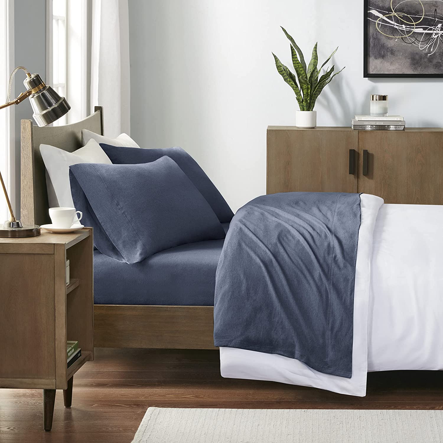 Price:$35.13 100 % Cotton Jersey Knit Heathered Fabric Bed Sheet Set with 13" Deep Pocket, Modern All Season, Soft Bedding-Set, Matching Pillow Case, Twin, Navy, 3 Piece : Home & Kitchen
