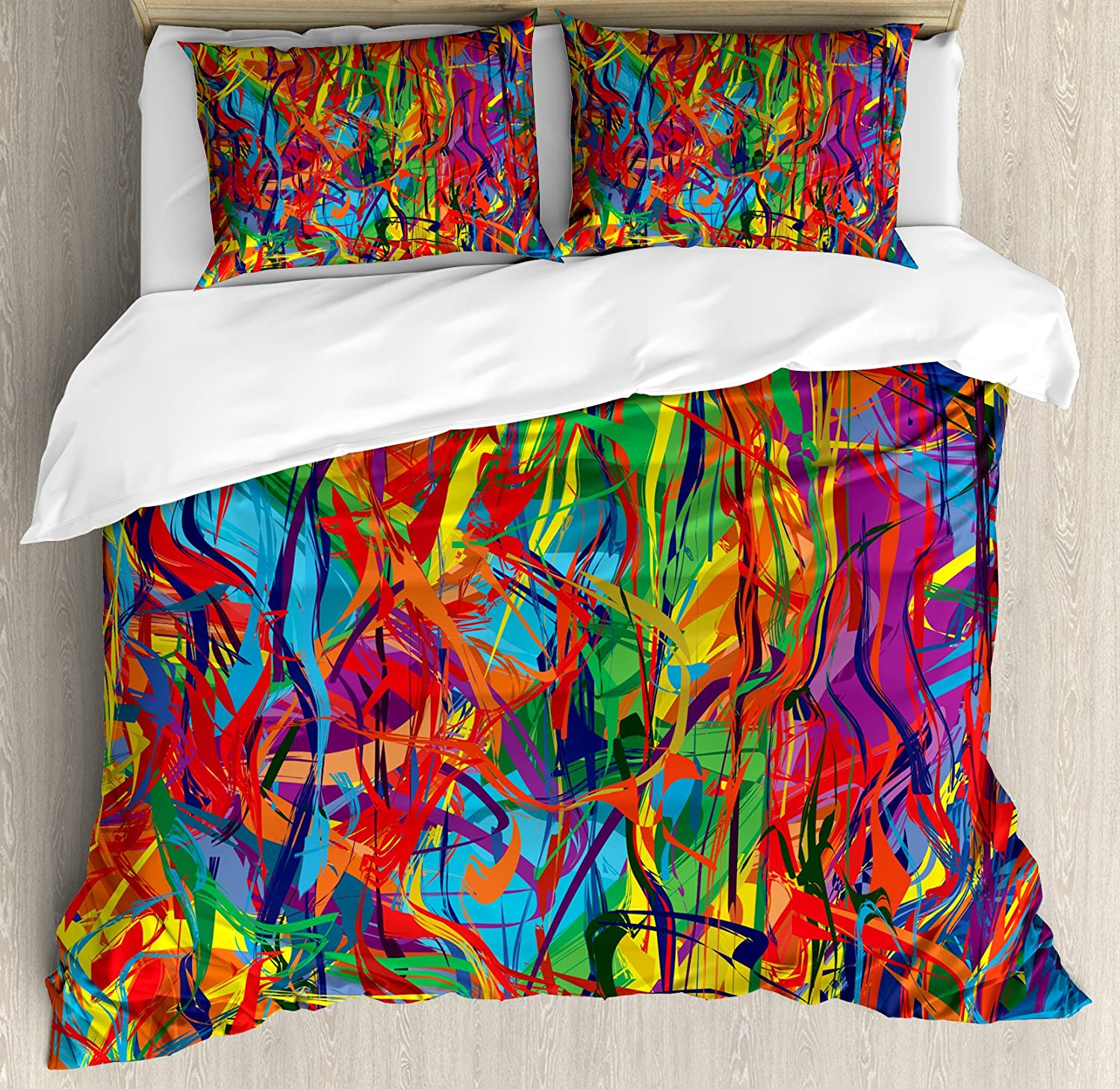 Price:$79.95 Modern Duvet Cover Set, Circled Rainbow Like Colorful Lines Like Contemporary Oil Painting Style Artwork, Decorative 3 Piece Bedding Set with 2 Pillow Shams, Queen Size, Orange Red : Home & Kitchen