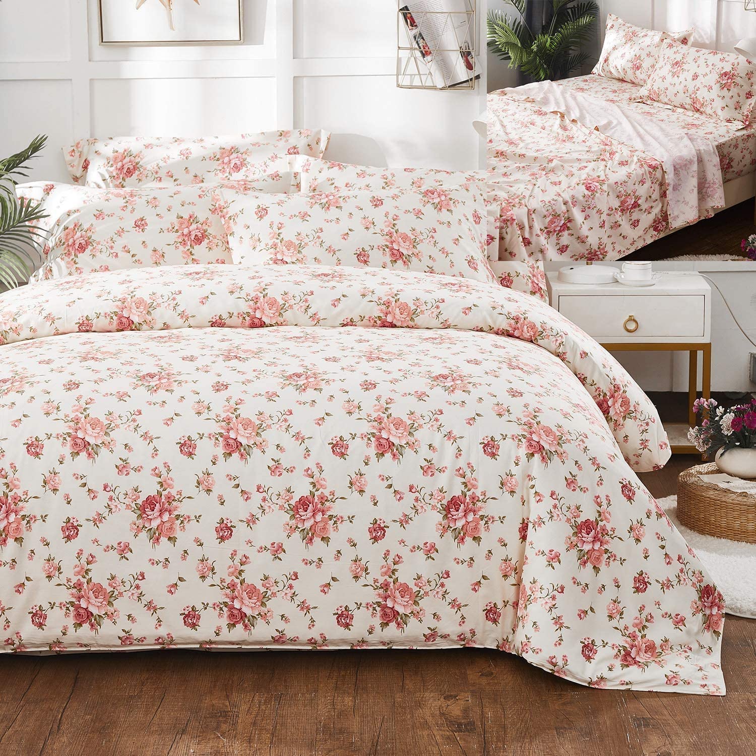 Price:$145.99 Bed in A Bag Shabby Country Floral Bedding Set Queen Size 100% Cotton Duvet Cover Bed Sheets Sets 7 Pieces : Home & Kitchen