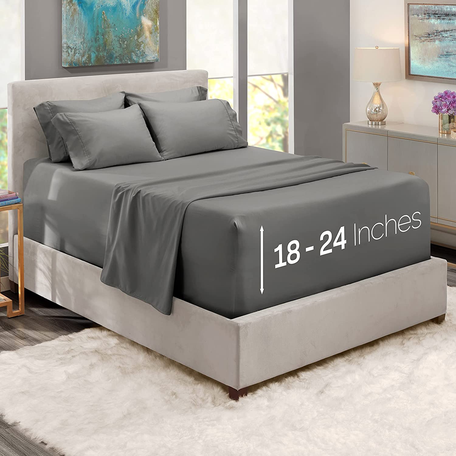 Price:$30.25 Extra Deep Pocket Bed Sheet Set – 6-Piece Hotel Bed Sheet Set Deep Pocket Bed Sheets 18-24 Inch Deep Pockets – Fitted Sheet, Flat Sheet and 4 Pillowcases – Queen – Dark Gray : Home & Kitchen
