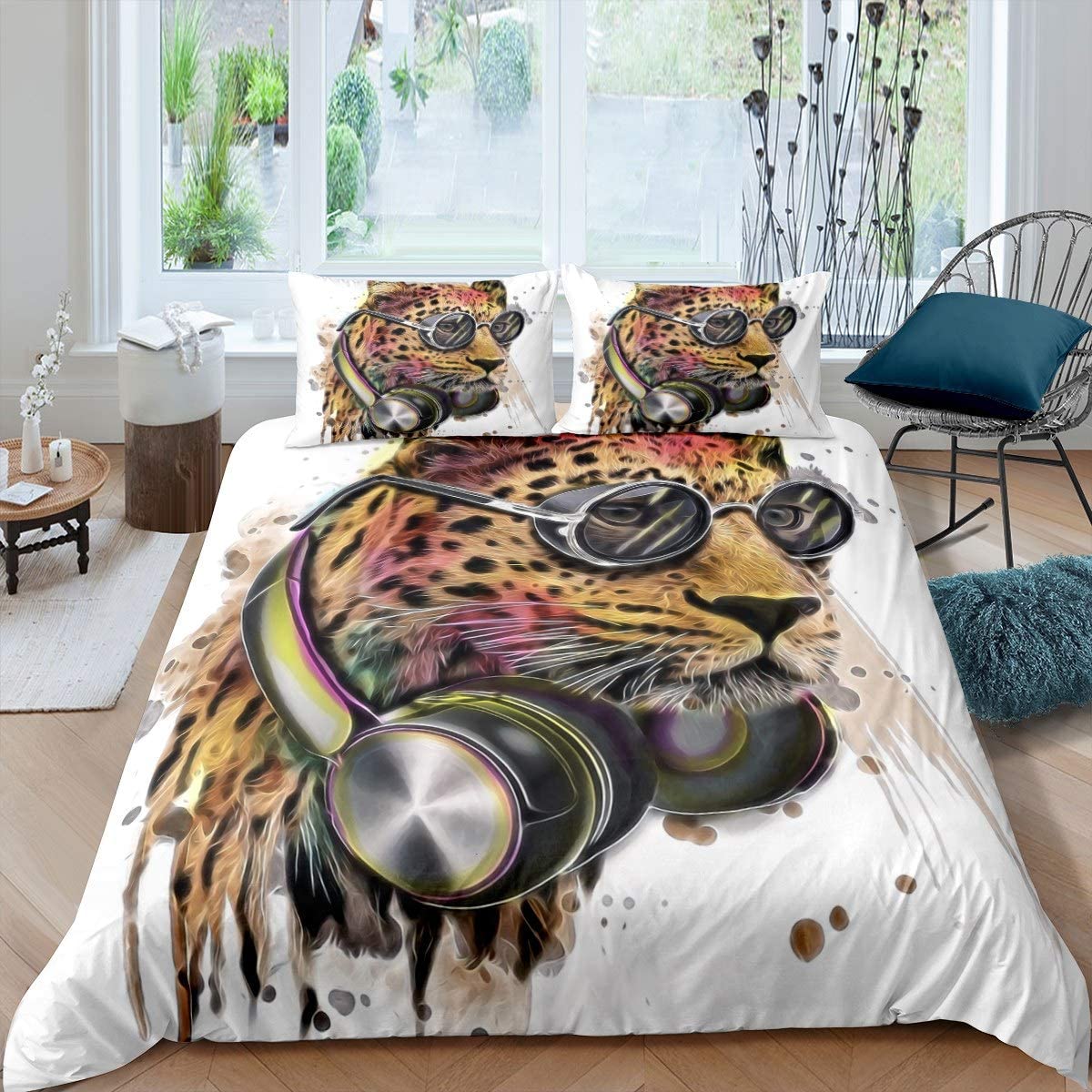 Price:$42.00 Cheetah Duvet Cover Watercolor Cheetah Print Bedding Set for Kids Boys Leopard with Headset Glasses Comforter Cover Animal Theme Bedspread Cover Bedroom Collection 3Pcs Full Size : Home & Kitchen