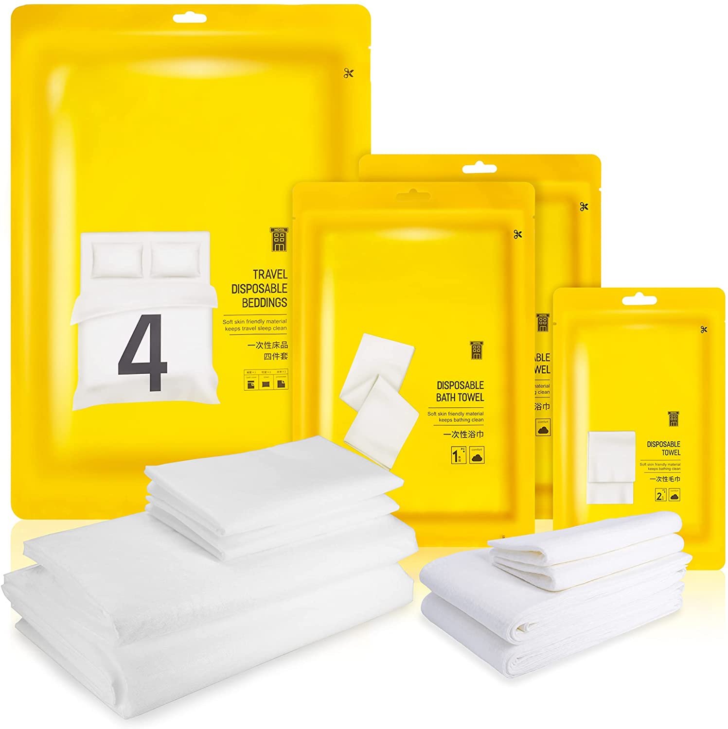 Price:$19.99 4 Pack Travel Disposable Bedding Set Protective Layer of Soft & Breathable Non-Woven Sheet, Duvet, Towel and Pillowcase Set for Hotels, Camping & Overnight Stay. : Home & Kitchen