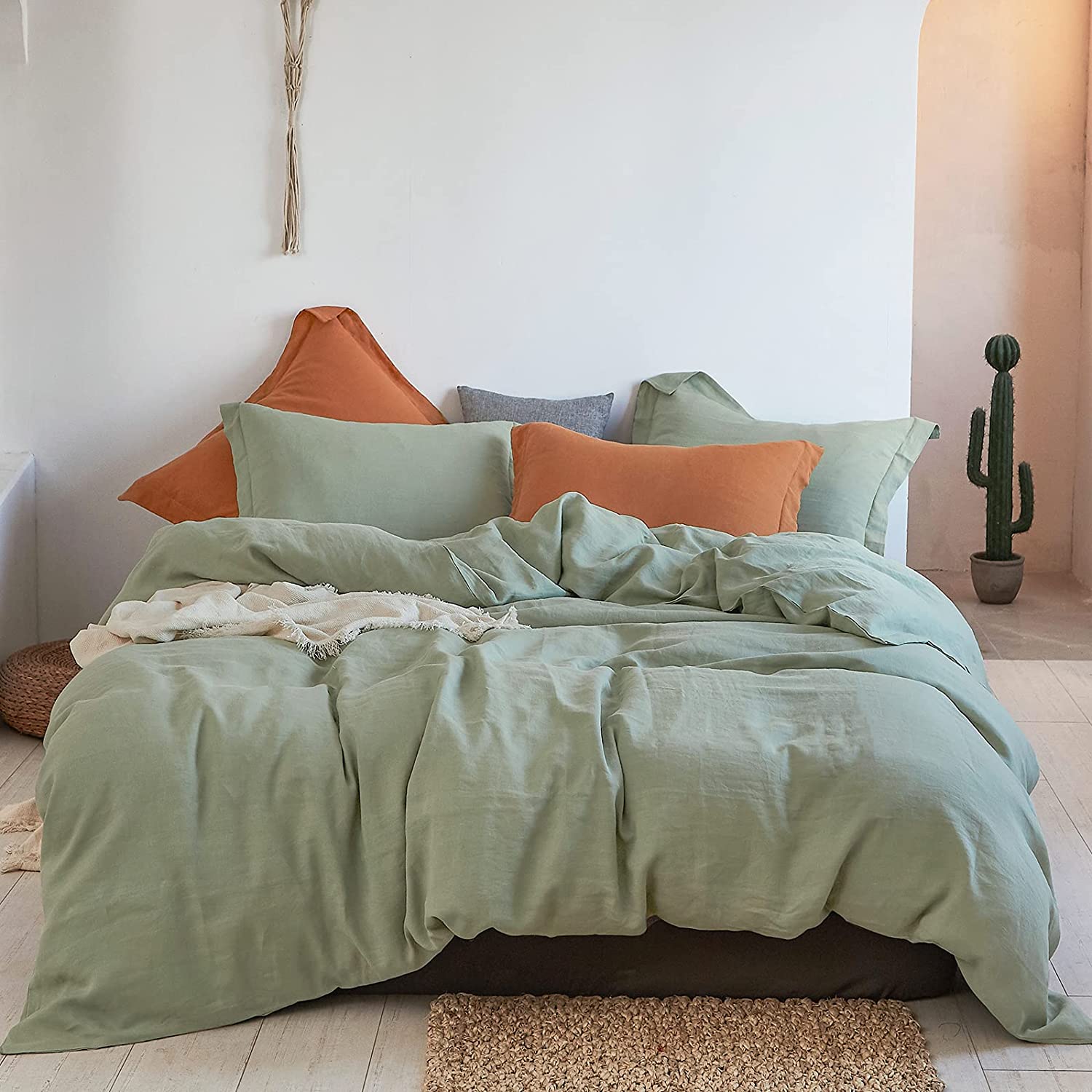 Price:$34.99 100% Linen Duvet Cover Set Queen 3 Pieces Solid Color Basic Style Bedding Set+2 Euro Shams 26"x26",Sage Green : Home & Kitchen