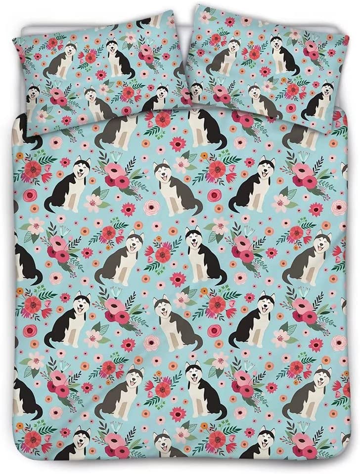 Price:$44.99 Duvet Cover Set for Kid Teens Siberian Husky Flower Print Bedding Set 1 Sheet with 2 Pillow Case Coverlet Machine Washable Queen Size : Home & Kitchen