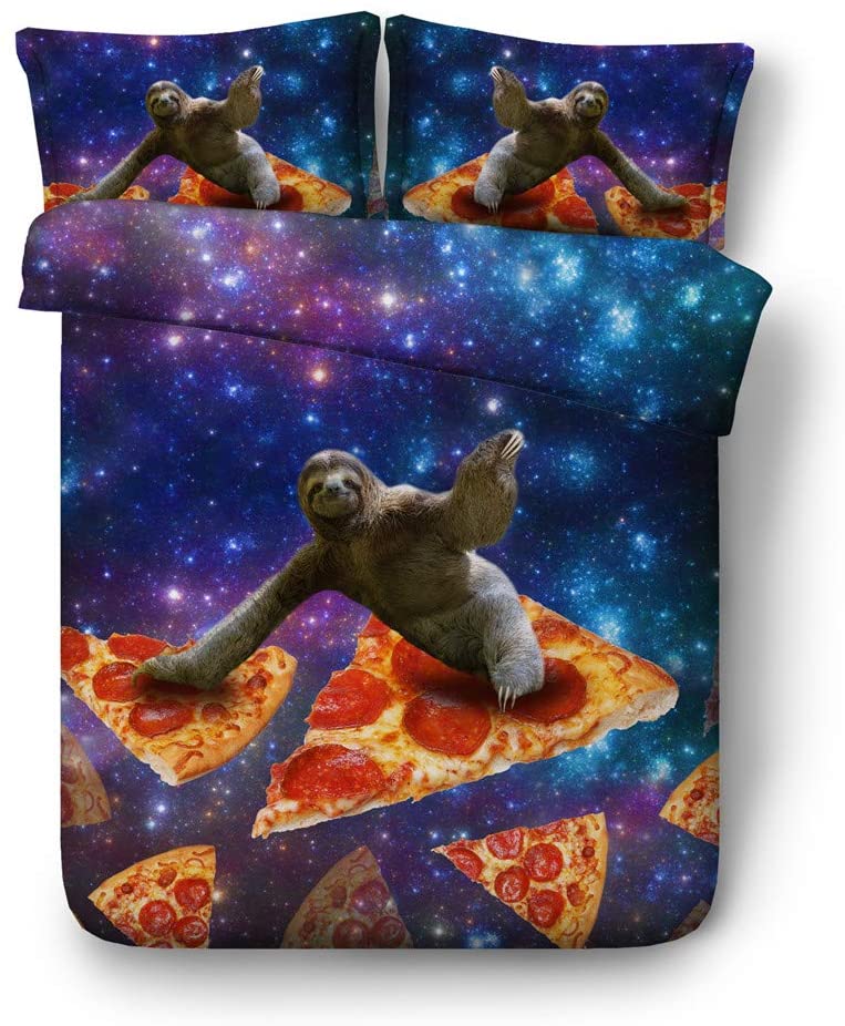 Price:$61.99 Linen Leisurely Sloth on Pizza and Galaxy Bed Set 3pcs Kids Bed linens Full Queen King Size Bedding with 1 Duvet Cover 2 Shams (JF531, Queen 3pcs) : Home & Kitchen