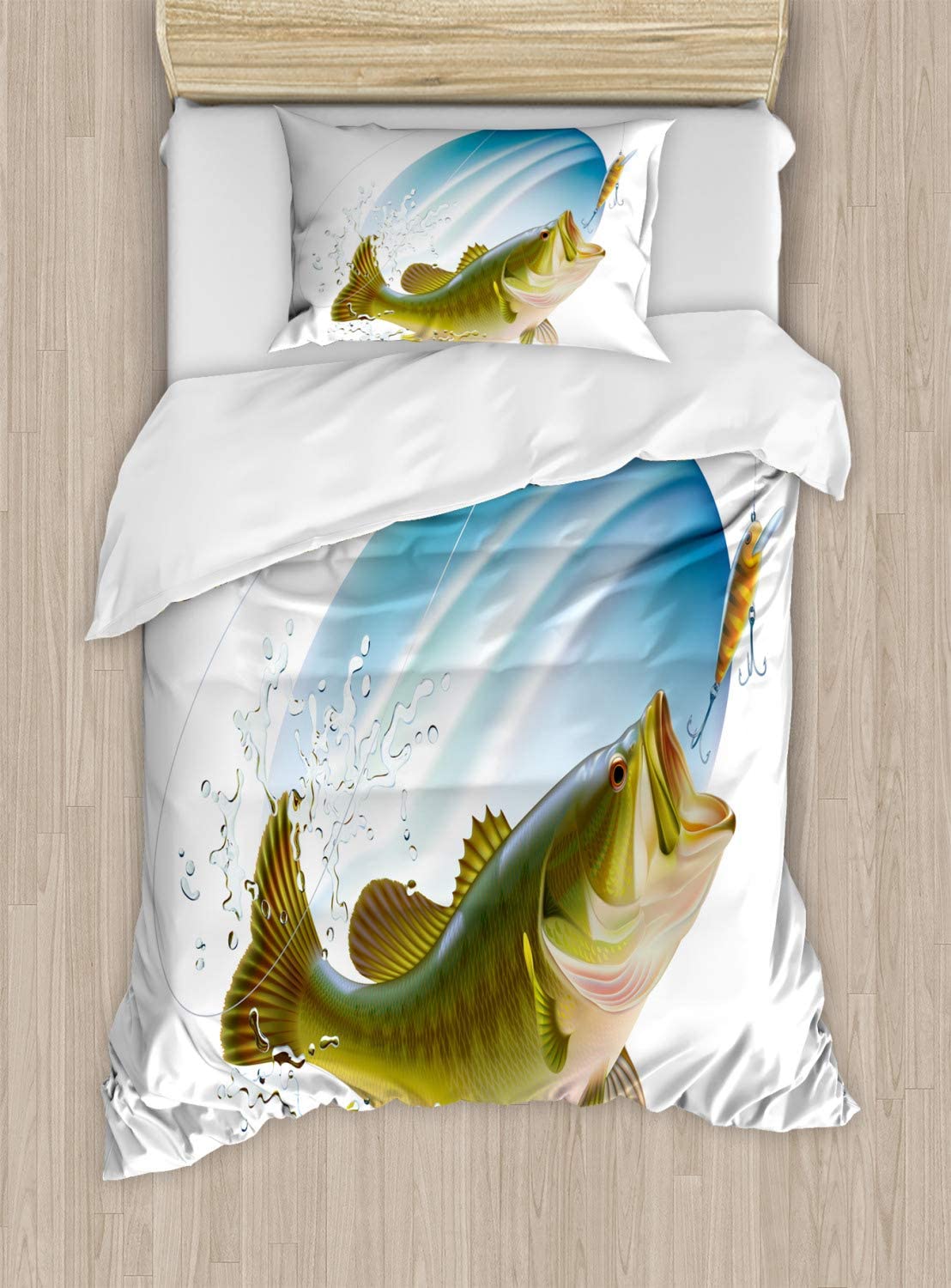 Price:$59.95 Fishing Duvet Cover Set, Largemouth Sea Bass Catching a Bite in Water Spray Motion Splashing Wild Image, Decorative 2 Piece Bedding Set with 1 Pillow Sham, Twin Size, Green Blue : Home & Kitchen