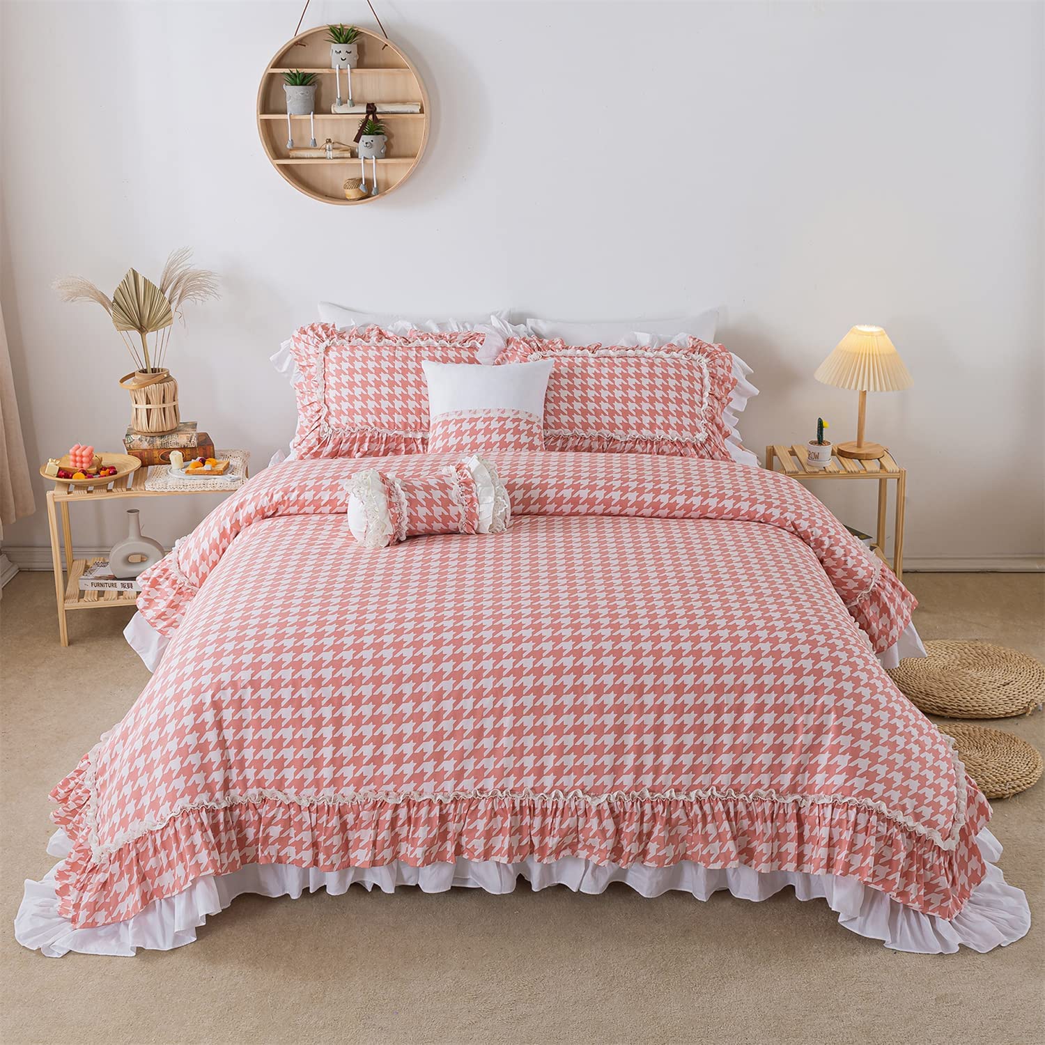 Price:$99.00 Pink Swallow Grid Duvet Cover Set Houndstooth Girls Bedding Sets 18 Inch Drop Ruffle Checked Bed Skirt 100% Cotton Soft Breathable Women Lace Plaid Bedding for All-Season (4Pcs, Twin) : Home & Kitchen