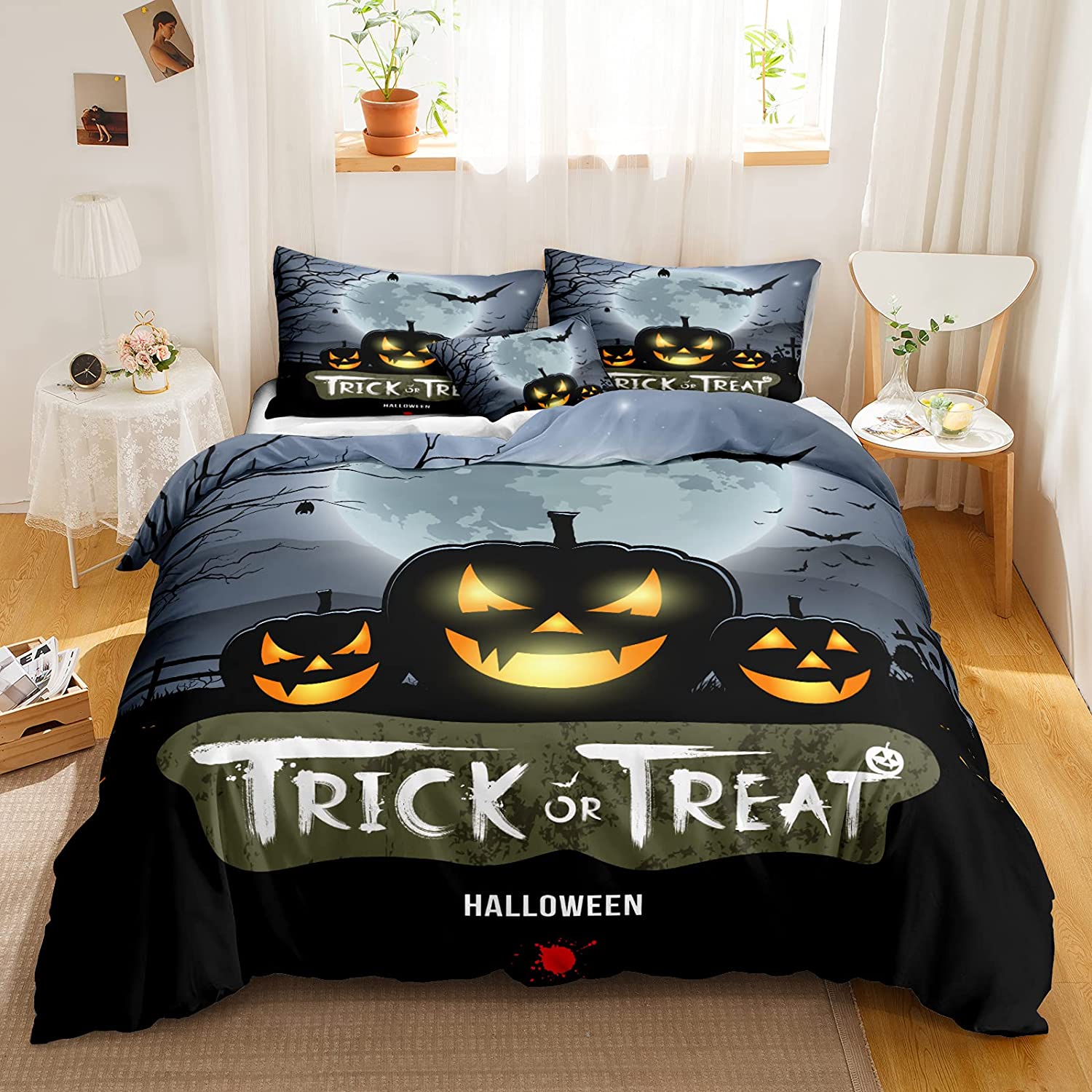 Price:$29.89 Bedding Halloween Duvet Cover Set Bat Trick or Treat Printed Grey Boys Girls Bedding Set Queen 1 Duvet Cover 2 Pillowcases (Queen, Gray) : Home & Kitchen