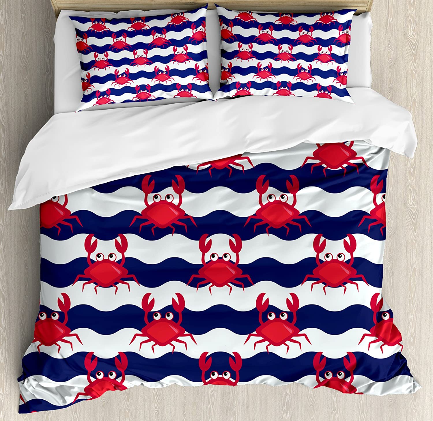 Price:$79.95 Crabs Duvet Cover Set, Nautical Maritime Theme Crabs on Striped Background Illustration Print, Decorative 3 Piece Bedding Set with 2 Pillow Shams, Queen Size, Red Blue : Home & Kitchen