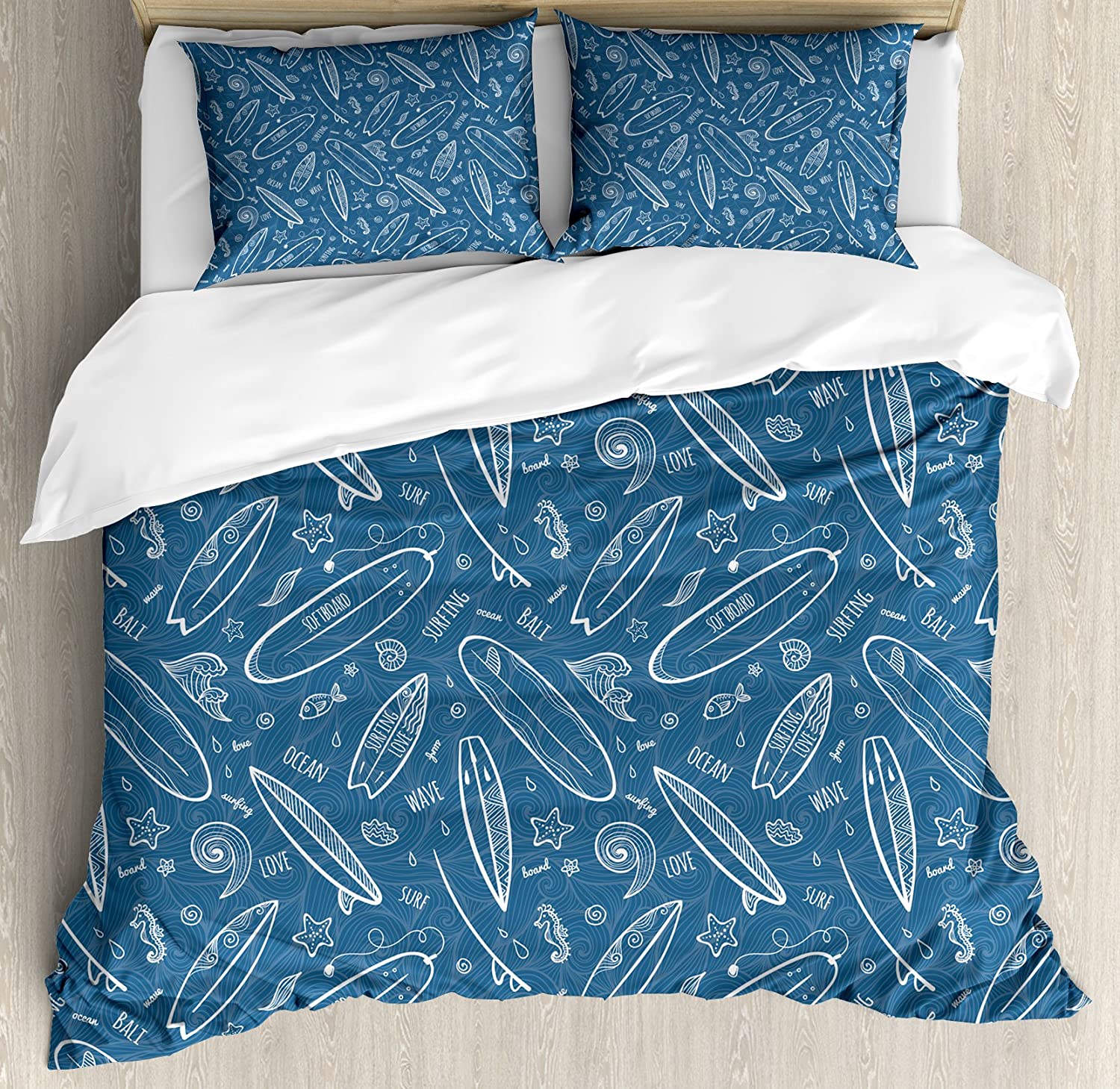 Price:$79.95 Surfboard Duvet Cover Set, Blue Waters Oceanic Elements Waves Swirls Doodle White Outlines Hobby Fun Times, Decorative 3 Piece Bedding Set with 2 Pillow Shams, Queen Size, White Blue : Home & Kitchen