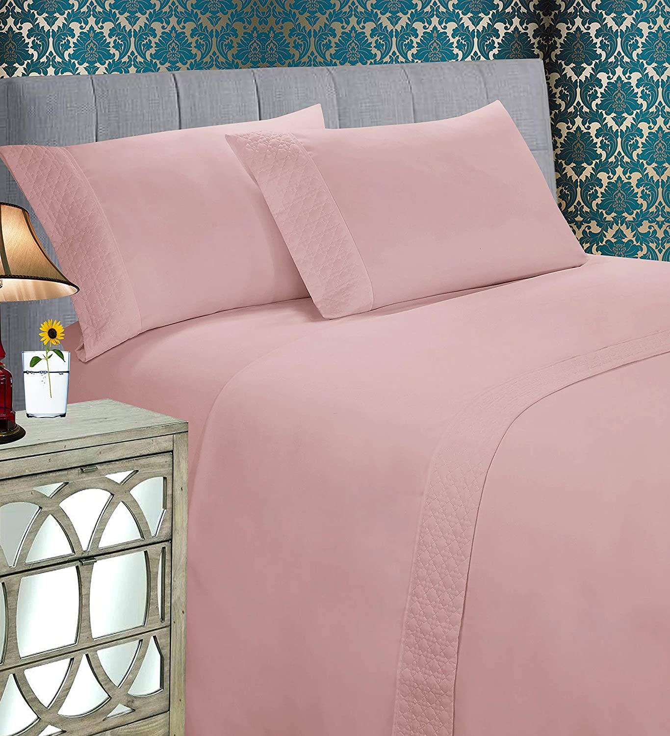 Price:$28.99 Comfort Luxury Best, Soft Coziest 4-Piece Bed Sheet Set! 1500 Thread Count Egyptian Quality | Quilted Design on Flat Sheet and Pillowcases | Wrinkle Free, 100% , King, Dusty Rose : Everything Else
