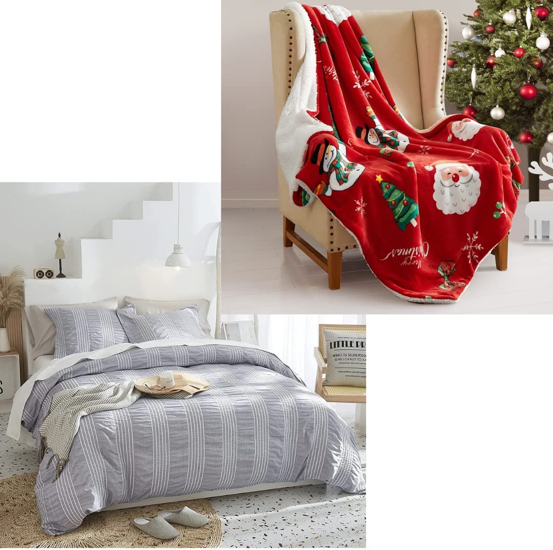 Price:$59.99 Bundle-Seersucker Grey Duvet Cover King Size & Sherpa Christmas Throw Blanket, 3 Pieces Duvet Cover Set with Zipper Closure, Christmas Throw for Couch Sofa and Bed : Home & Kitchen