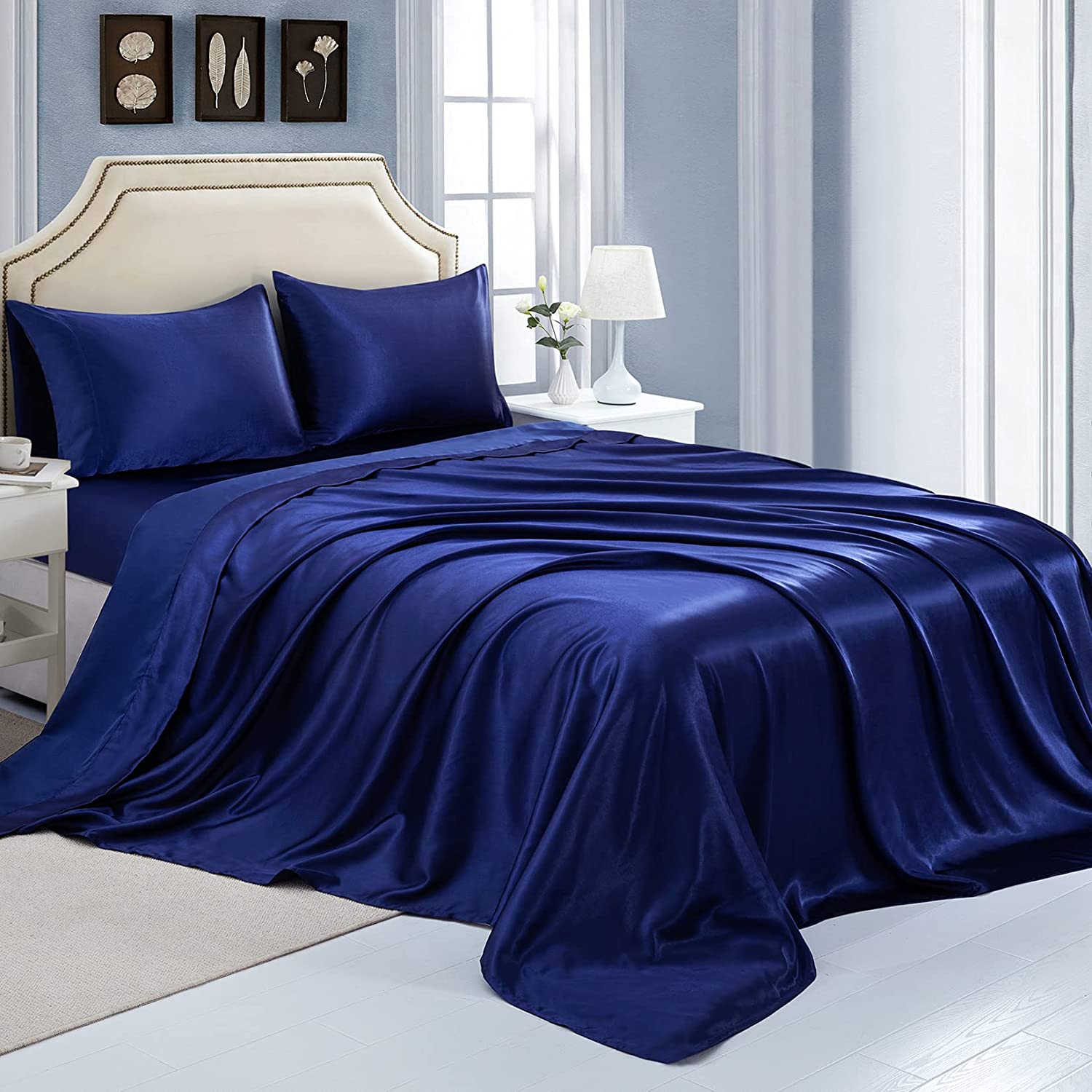 Price:$38.99 Satin Bed Sheets, King Size Sheets Set, Ultra Soft Silky Bedding Set with 18'' Extra Deep Pocket Fitted Sheet for High Mattress (Navy Blue, King) : Home & Kitchen