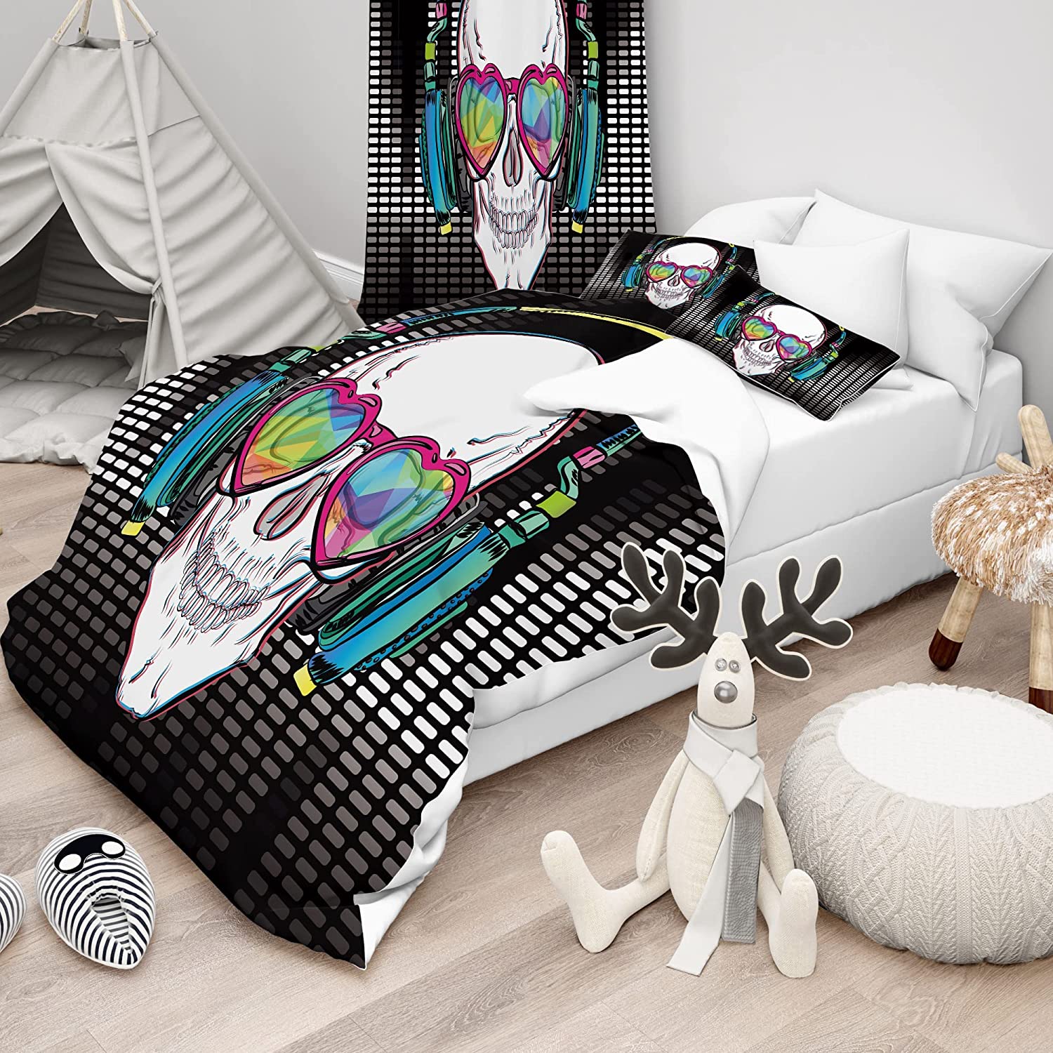 Price:$56.99 Music Skull Duvet Cover Set Window Curtains Boys Teens, Cool Headset Headphones Punk Rock Halloween Gothic 3 Piece Bedding Set Youth Musical Children Comforter Set : Home & Kitchen