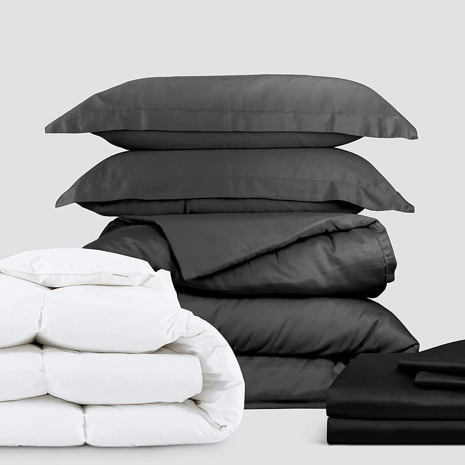 Price:$110.01 All Cotton Collection Bedding Bundle - 3 Piece Duvet Set (Queen, Dark Gray) & 4 Piece Sheet Set (Queen, Black) & Goose Down Comforter (Queen) : Home & Kitchen