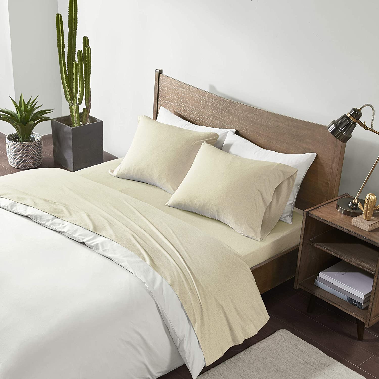 Price:$30.99 100% Cotton Jersey Knit Heathered Fabric Sheet 13" Deep Pocket Modern All Season, Soft Bedding-Set, Matching Pillow Case, Twin, Natural, 3 Piece : Home & Kitchen
