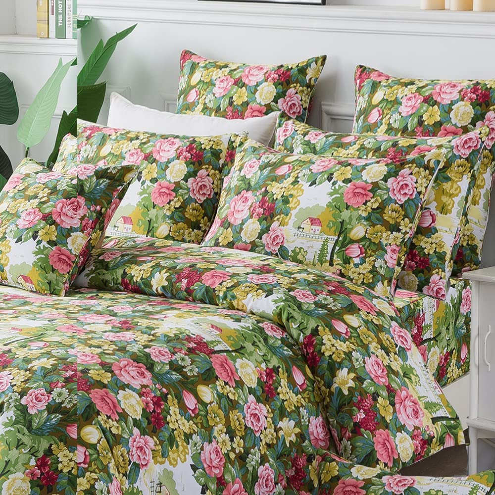 Price:$159.00 Floral Duvet Cover with Bed Sheets Set 7 Piece 100% Cotton Green Bedding Vintage French Country Bedding Soft Rose Flower Pattern Deep Pocket Sheets 7 Pcs-King : Home & Kitchen