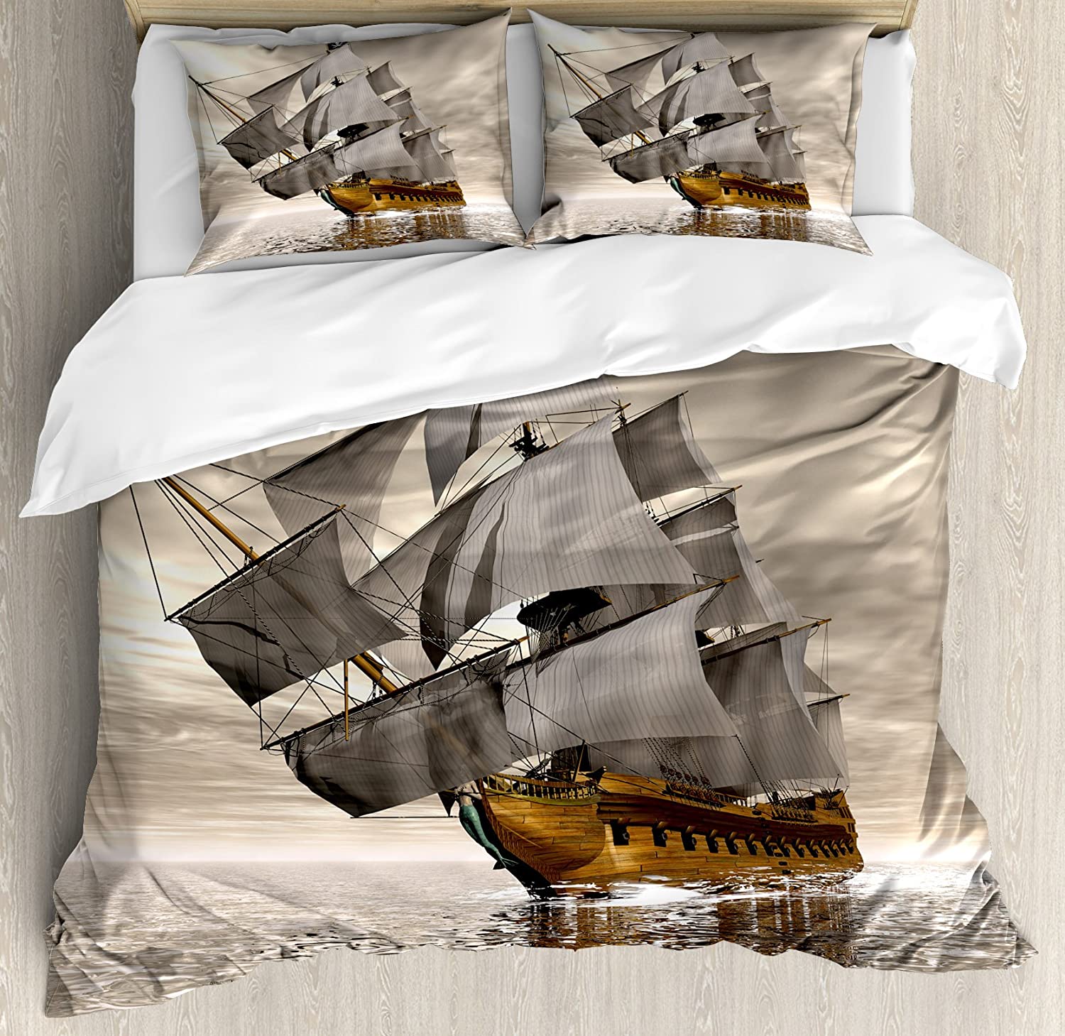Price:$79.95 Ocean Duvet Cover Set, 3D Style Pirate Ship Sea Historic Vessel Cloudy Sky Voyage Exploration Theme, Decorative 3 Piece Bedding Set with 2 Pillow Shams, Queen Size, Coffee Grey : Home & Kitchen