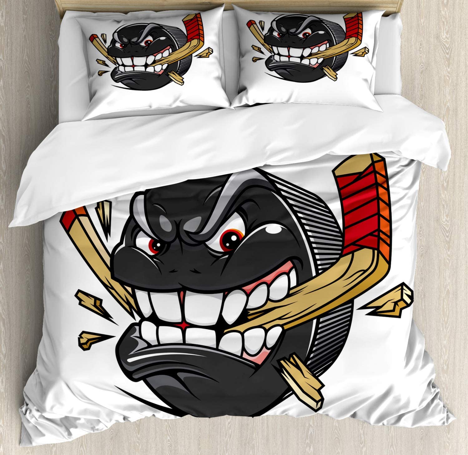 Price:$79.95 Hockey Duvet Cover Set, Cartoon Hockey Puck Bites and Breaks Hockey Stick Championship Game Mascot Character, Decorative 3 Piece Bedding Set with 2 Pillow Shams, Queen Size, Charcoal Beige : Home & Kitchen