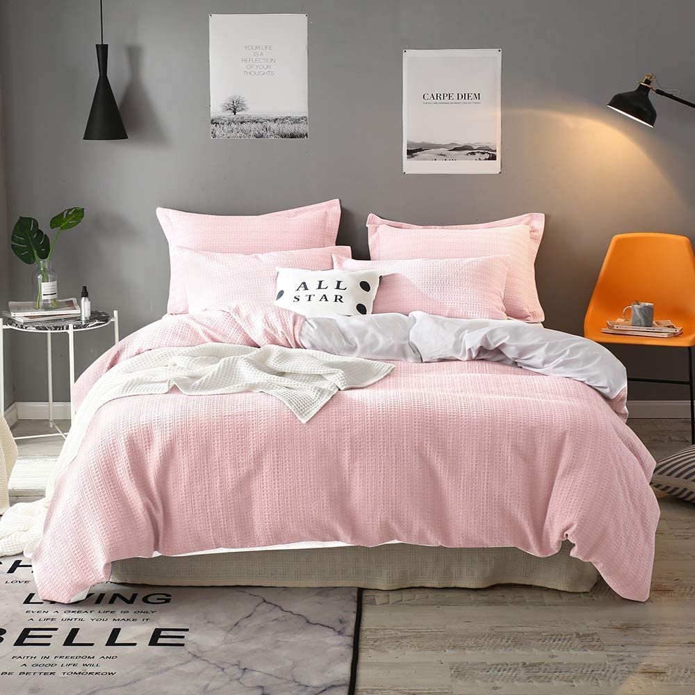Price:$34.29 Waffle Duvet Cover Set with Linen Sheet Set Bundle Set King Size Pink Color : Home & Kitchen