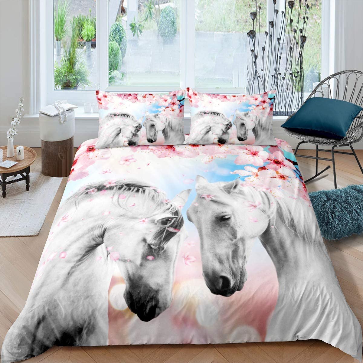 Price:$29.00 Duvet Cover Set Couple White Galloping Bedding Set for Kids Boys Girls Cherry Blossoms Print Comforter Cover Love Wild Animal Branches Decor Quilt Cover Bedroom Collection 3Pcs King Size : Home & Kitchen
