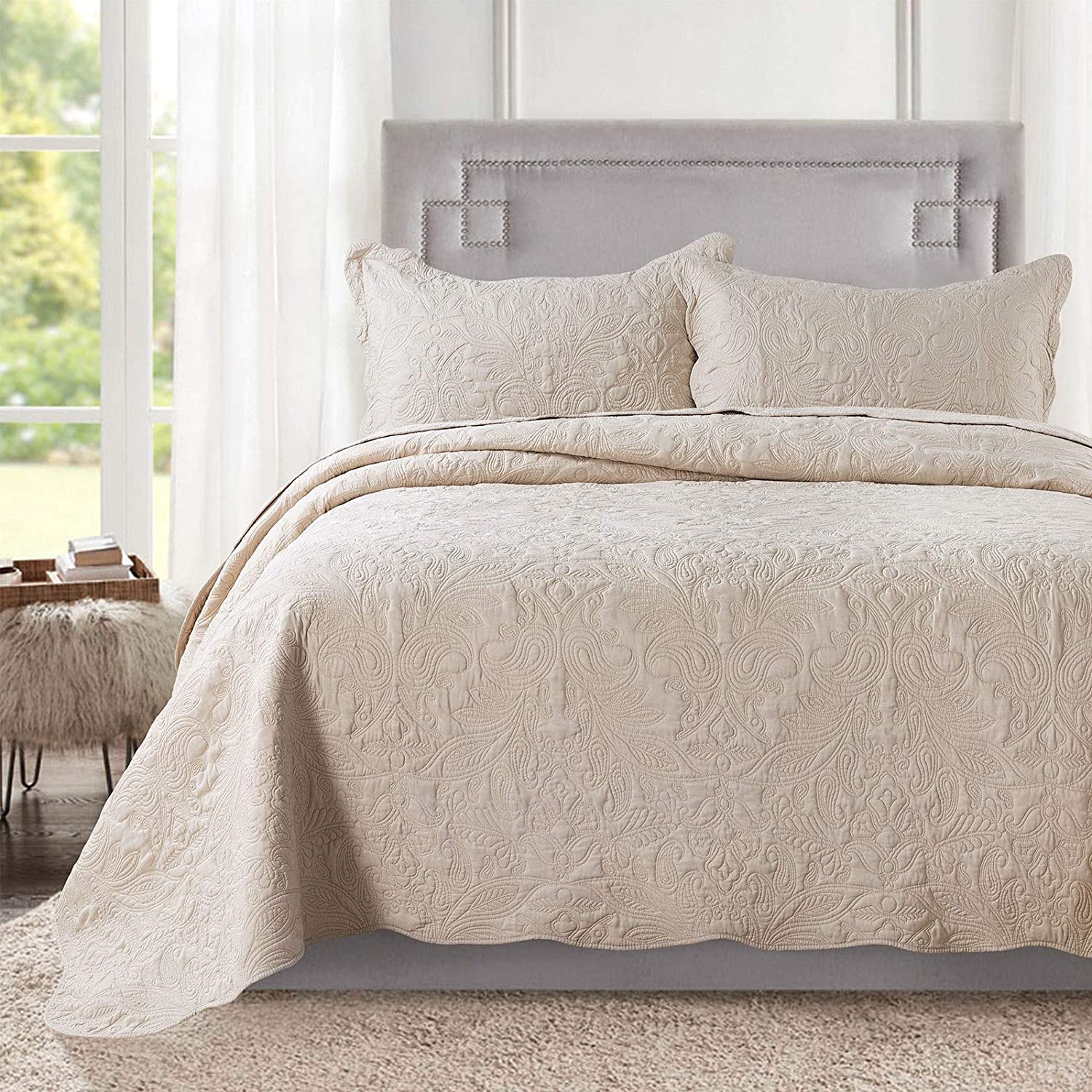 Price:$66.99 Quilt Set King Size - 3 Piece Embroidered Microfiber Bedspread Reversible Coverlet Lightweight Bedcover Paisley Pattern Bedding Set All Season Quilts-Beige : Home & Kitchen