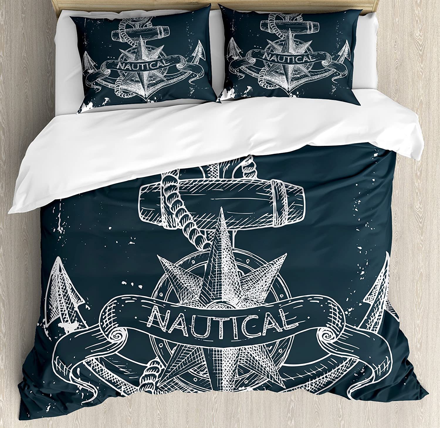 Price:$89.95 Marine Duvet Cover Set, Nautical Knot Compass Anchor Pattern Sea World Ocean Life Grunge Illustration, Decorative 3 Piece Bedding Set with 2 Pillow Shams, King Size, Blue White : Home & Kitchen