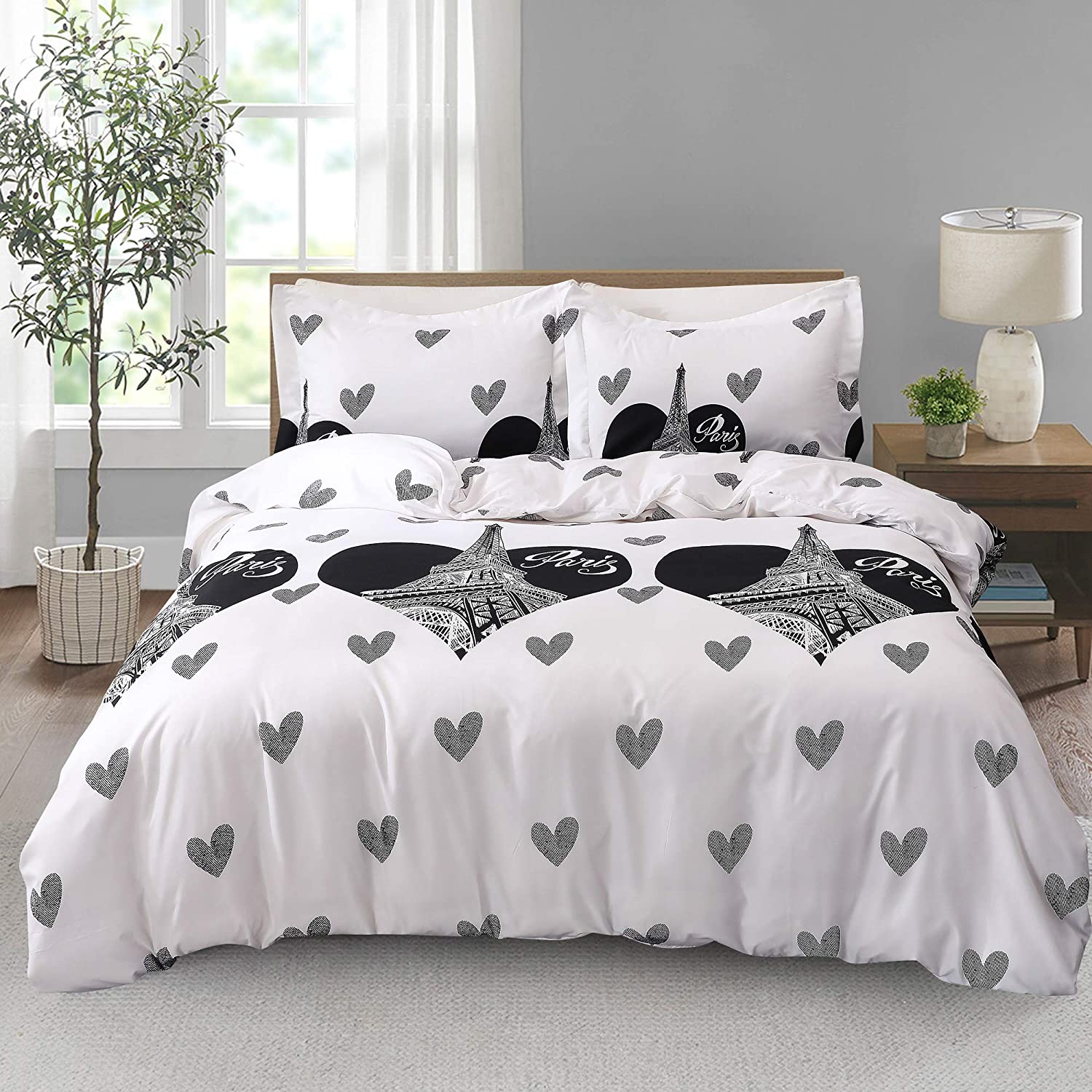 Price:$27.99 Bedding Comforter Set Soft 3Pcs French Style Eiffel Tower Three Piece Set Love Lightweight Microfiber Duvet Cover Simplicity Set(1 Duvet Cover + 2 Pillow Shams)(Queen,Blackwhite) : Home & Kitchen