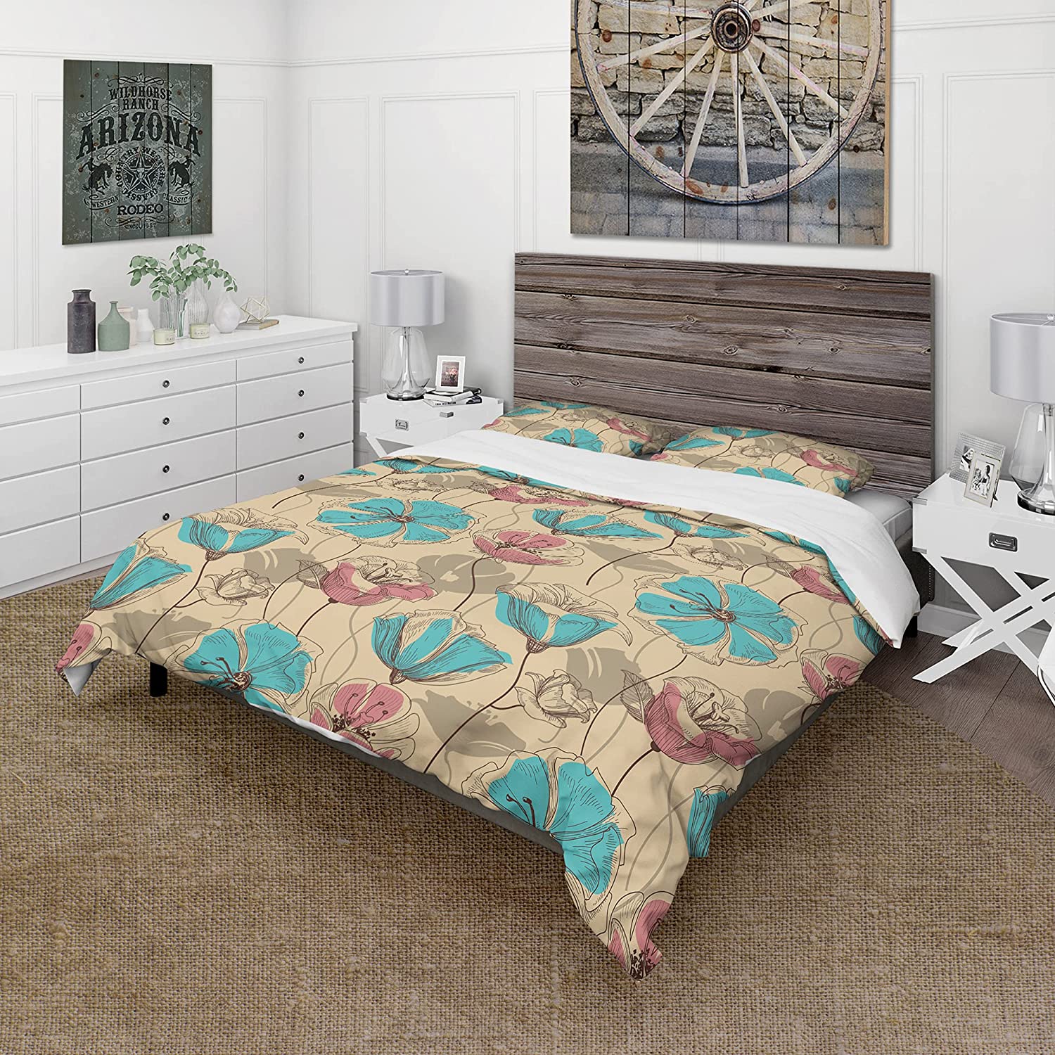 Price:$120.04 'Retro Drawing Flowers in Pink and Blue' Floral Duvet Cover Set : Home & Kitchen