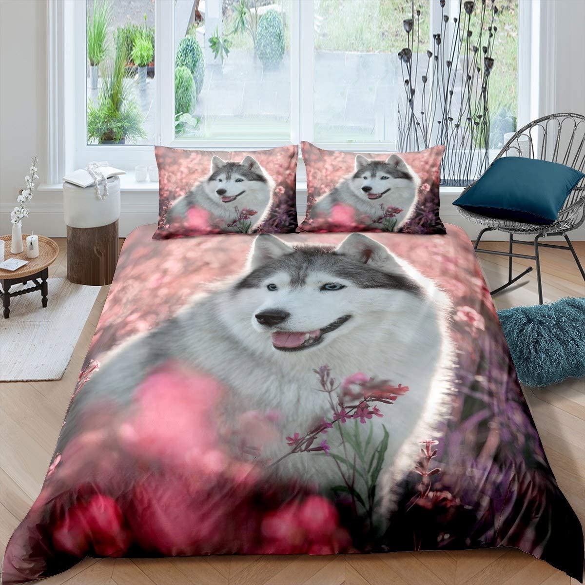 Price:$29.99 Dog Duvet Cover Siberian Husky Bedding Set for Kids Teens Boys Girls Botanical Branches Pet Animal Comforter Cover Pink Floral Field Bedspread Cover Bedroom Collection 3Pcs King Size : Home & Kitchen