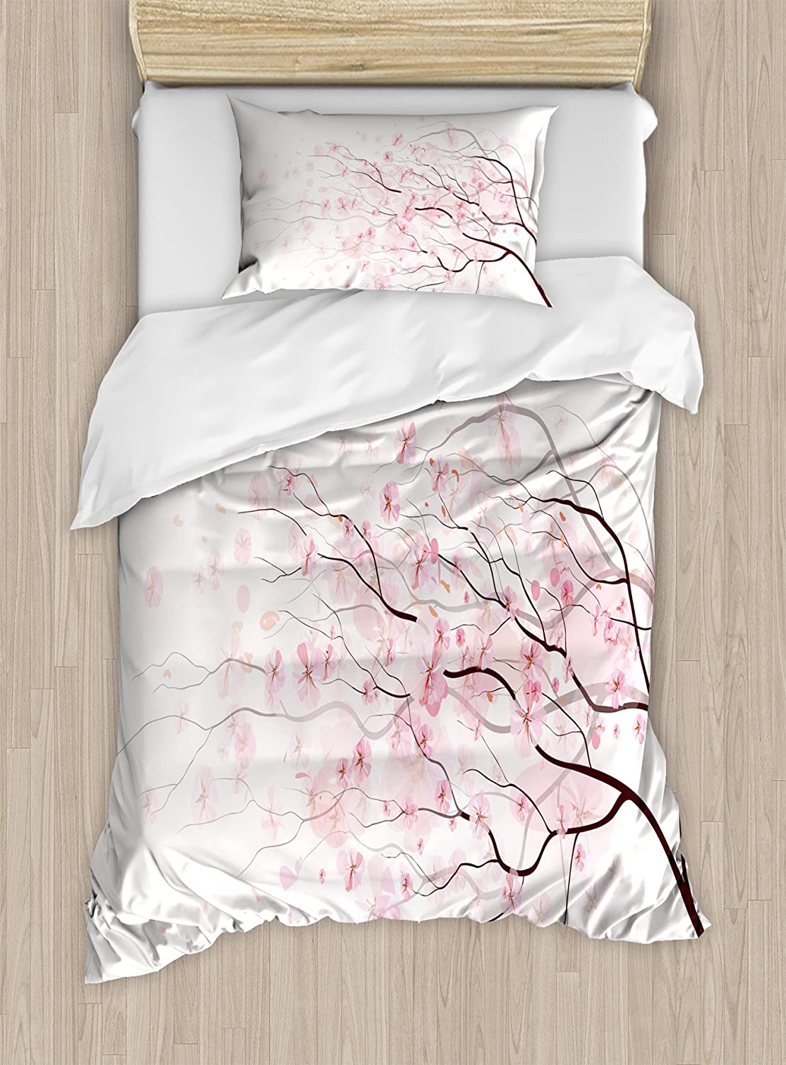 Price:$59.95 Pale Pink Duvet Cover Set, Sakura Branch with Cherry Flowers Tender Japanese Spring, Decorative 2 Piece Bedding Set with 1 Pillow Sham, Twin Size, Pink White : Home & Kitchen