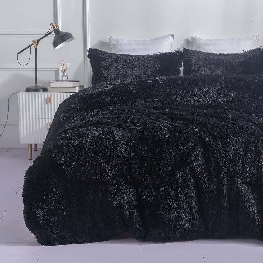 Price:$81.99 Faux Fur Plush Black Comforter Set Fluffy Fuzzy Shaggy Bedding Set - 3PC Full/Queen Microfiber Soft Warm Quilt Set : Home & Kitchen