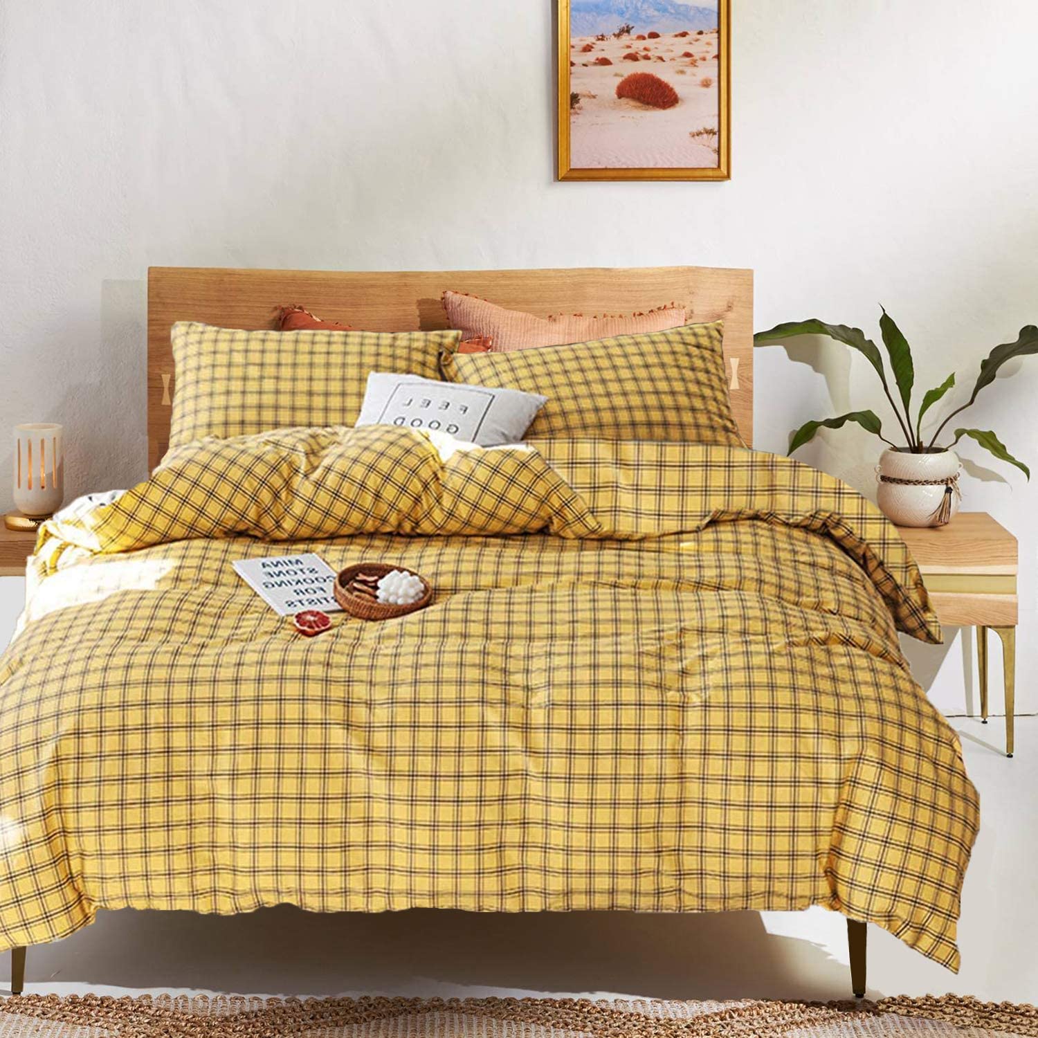 Price:$38.50 Yellow Duvet Cover Set Queen Grid 3 Piece Bedding Sets Checkered Gingham 100% Cotton Bedding Cover Sets with 2 Pillowcases for Teens Girls Boys Adults Kids : Home & Kitchen