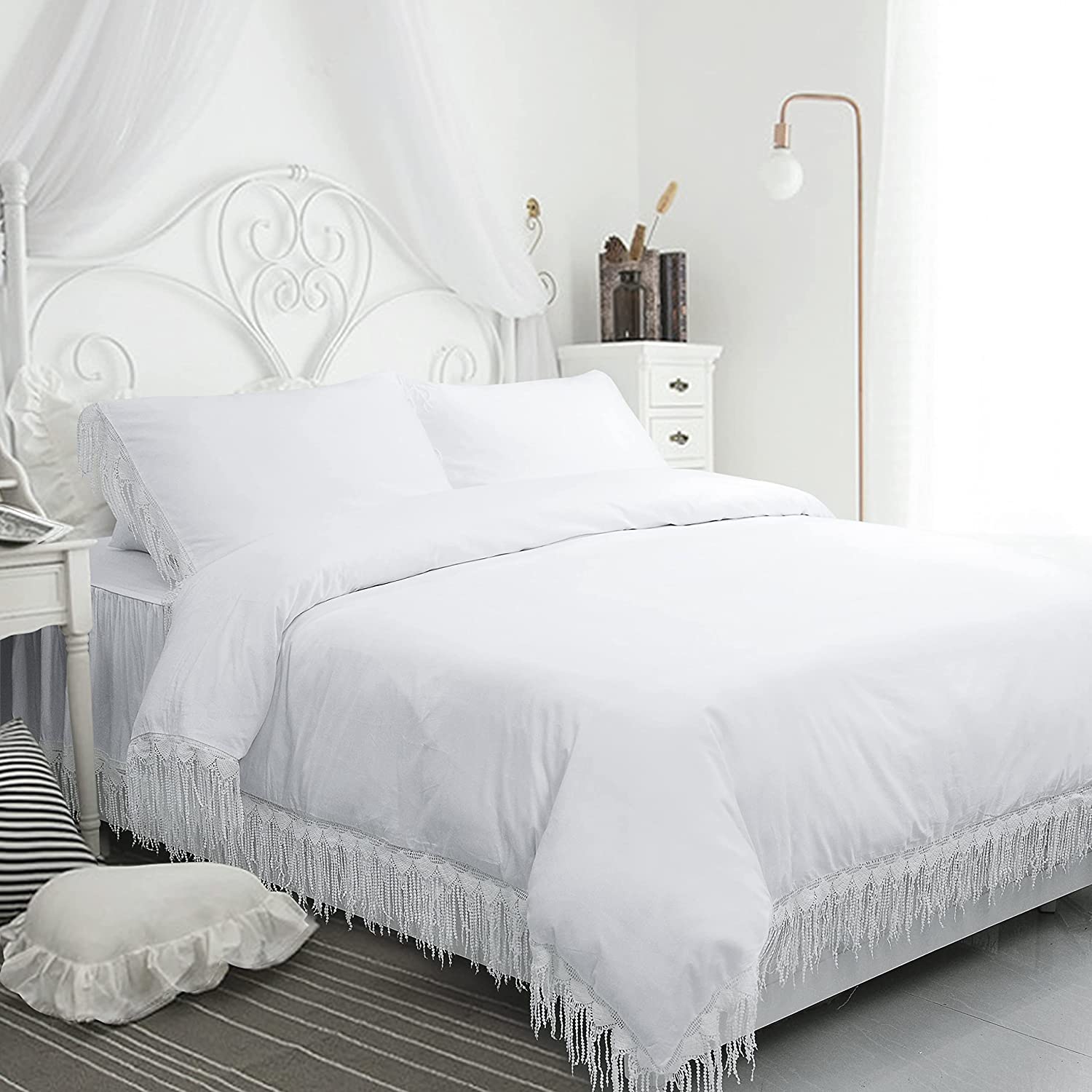 Price:$114.90 100% Combed Cotton White Duvet Cover Set 4-Piece Full Size Bedding Sets with Tassel Ultra Soft Easy Care Simple Style Fringed Farmhouse Bedding for All-Season : Home & Kitchen