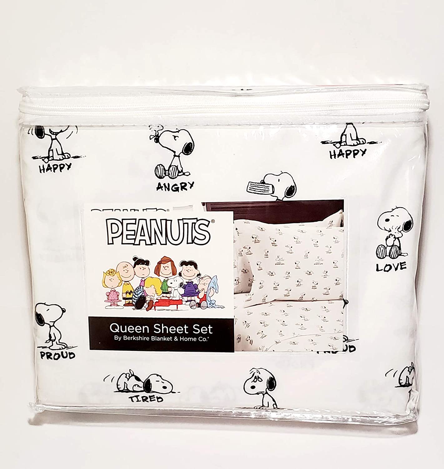Price:$54.56 & White The Many Moods of Snoopy Peanuts - Happy Tired Love Sad Angry Proud Surprised - Queen Size Sheet Set (Flat, Fitted, Pillowcases) : Home & Kitchen