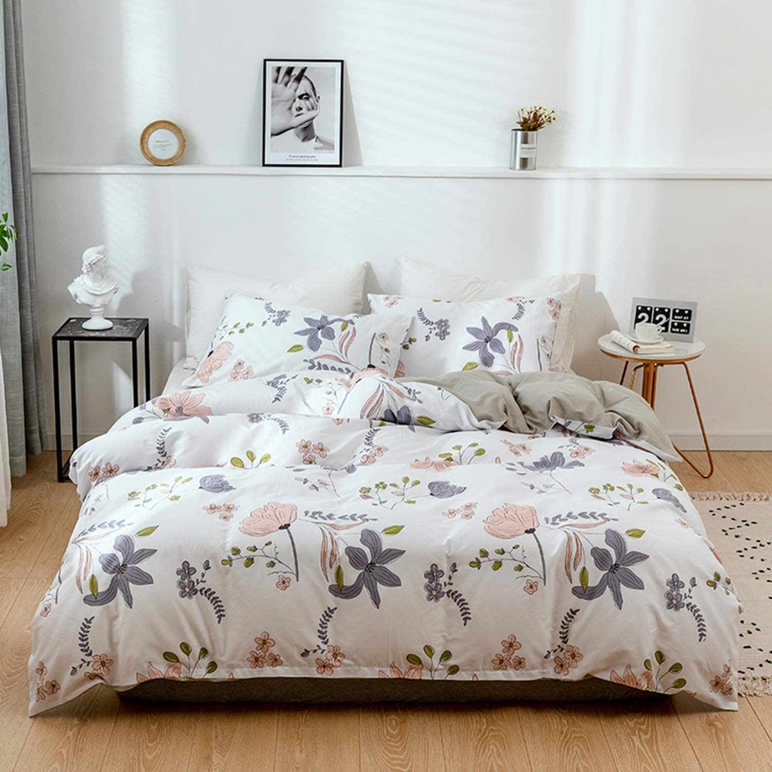Price:$58.00 Dream Soft Cotton Gray Flowers Printed Duvet Cover Sets Queen with 1 Duvet Cover 2 Pillowcases, Reversible Kids Full Bedding Cover Set for Girls : Home & Kitchen