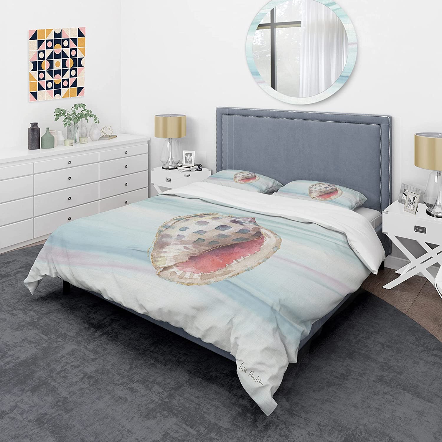 Price:$120.04 'Gilded Sea Horn Shell on Blue' Coastal Duvet Cover Set : Home & Kitchen