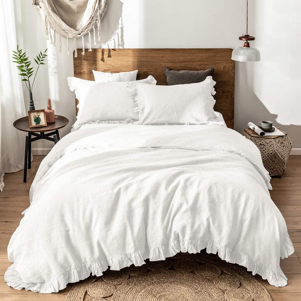 Price:$244.99 Linen Duvet Cover Set Ruffled Bedding with 1 Comforter Cover and 2 Pillowshams +2 Linen Euro Shams+1 Pleated Linen Bed Skirt 14 inch : Home & Kitchen