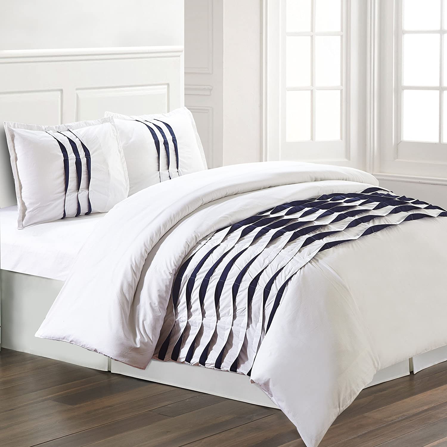 Price:$49.99 Overseas | Isabella 3-Piece 100% Cotton Pinch Pleated Duvet Set (White/Navy, Queen) : Home & Kitchen