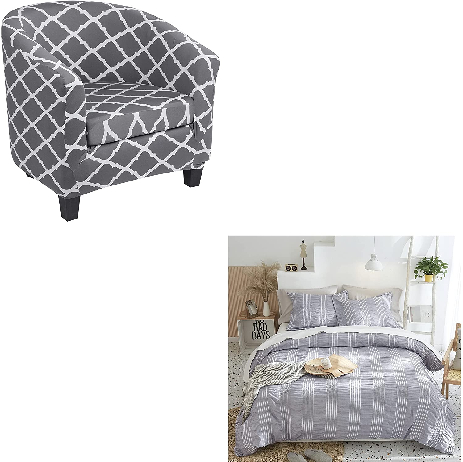 Price:$56.99 Stretch Club Chair Slipcover 2 Pieces, QueenSize Duvet Cover Set 3 Pieces Grey Seersucker Stripe Comforter Cover with Zipper Closure(No Comforter) : Home & Kitchen