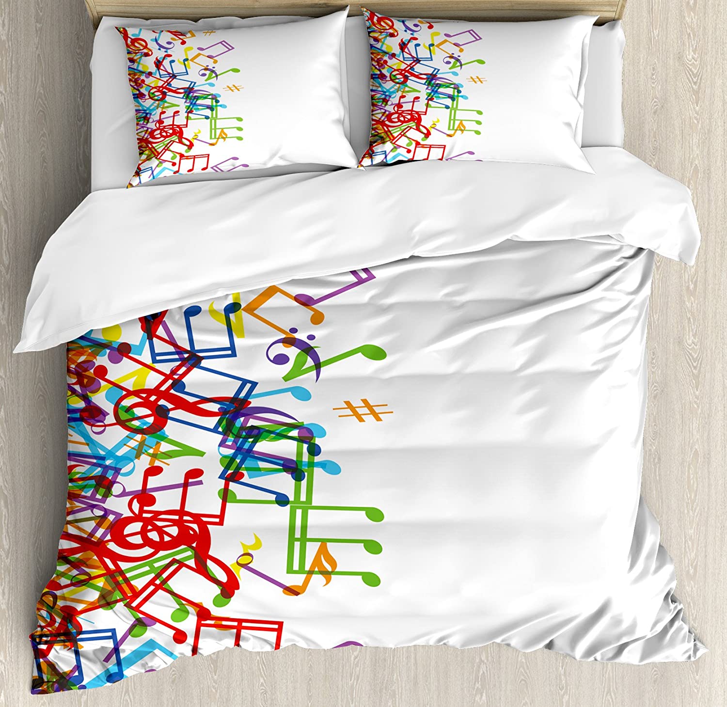 Price:$79.95 Colorful Duvet Cover Set, Trippy Art Style Music Notes with Clef Rhythm Tempo Melody Harmony Print, Decorative 3 Piece Bedding Set with 2 Pillow Shams, Queen Size, Multicolor White : Home & Kitchen