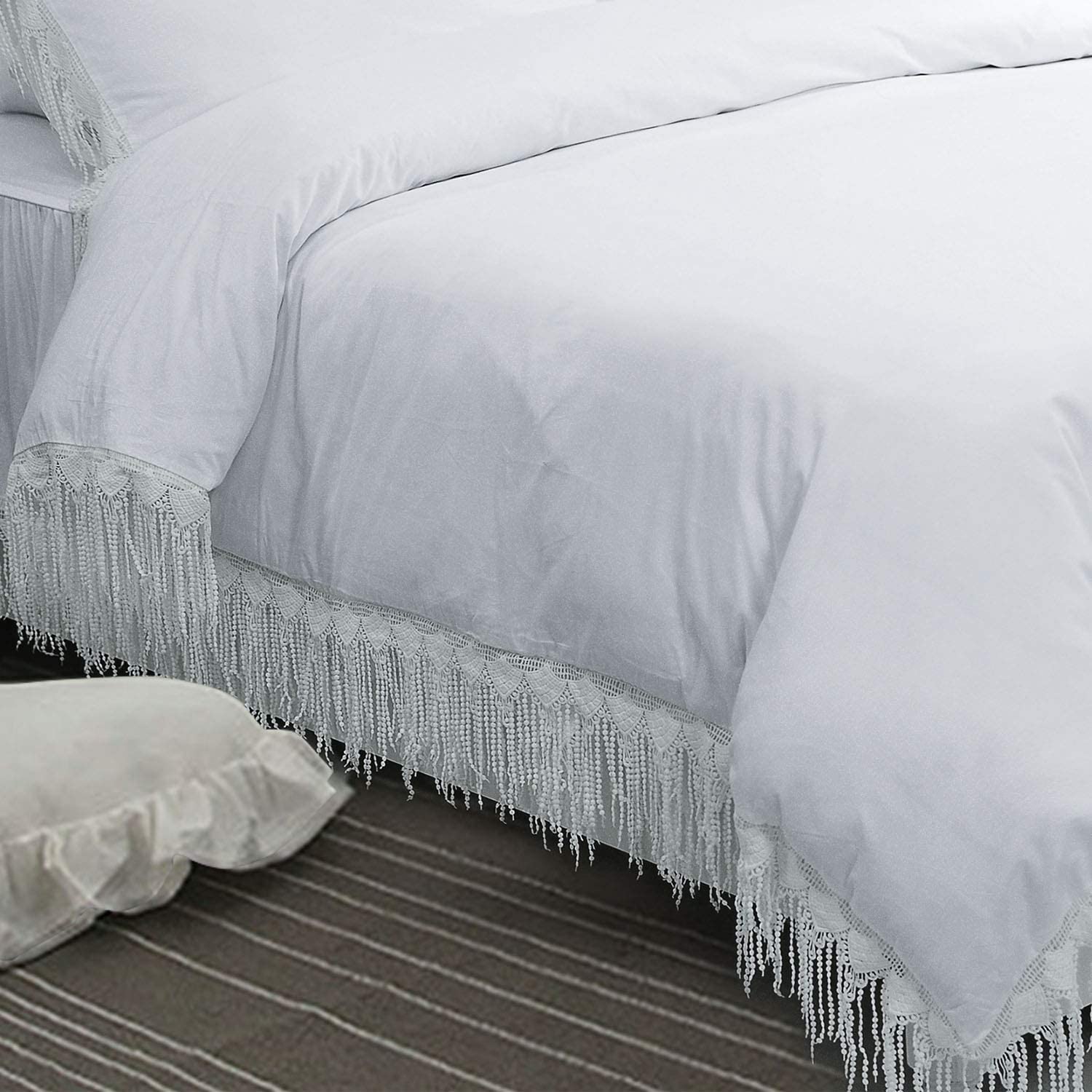 Price:$129.00 Farmhouse Elegant and Luxury White Boho Bedding Fringed Tassel Designer Duvet Cover Sets Girls Bedding 100% Cotton 4-Pieces King Size : Home & Kitchen
