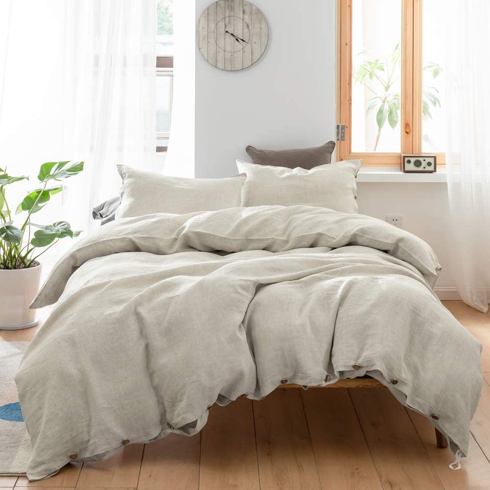 Price:$180.00 100% Linen Duvet Cover Set Queen Size 1 Comforter Cover 2 Pillowshams with Coconut Closure, Natural Linen : Home & Kitchen