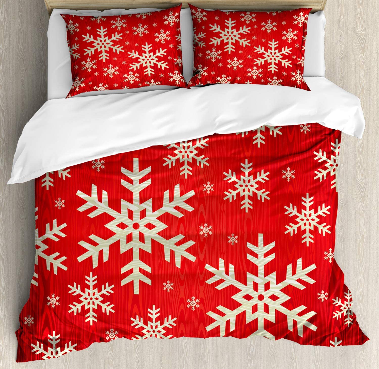 Price:$89.99 Snowflake Duvet Cover Set, Christmas Winter Illustration Abstract Wooden Pattern Background, Decorative 3 Piece Bedding Set with 2 Pillow Shams, King Size, Vermilion Dark Orange Cream : Home & Kitchen