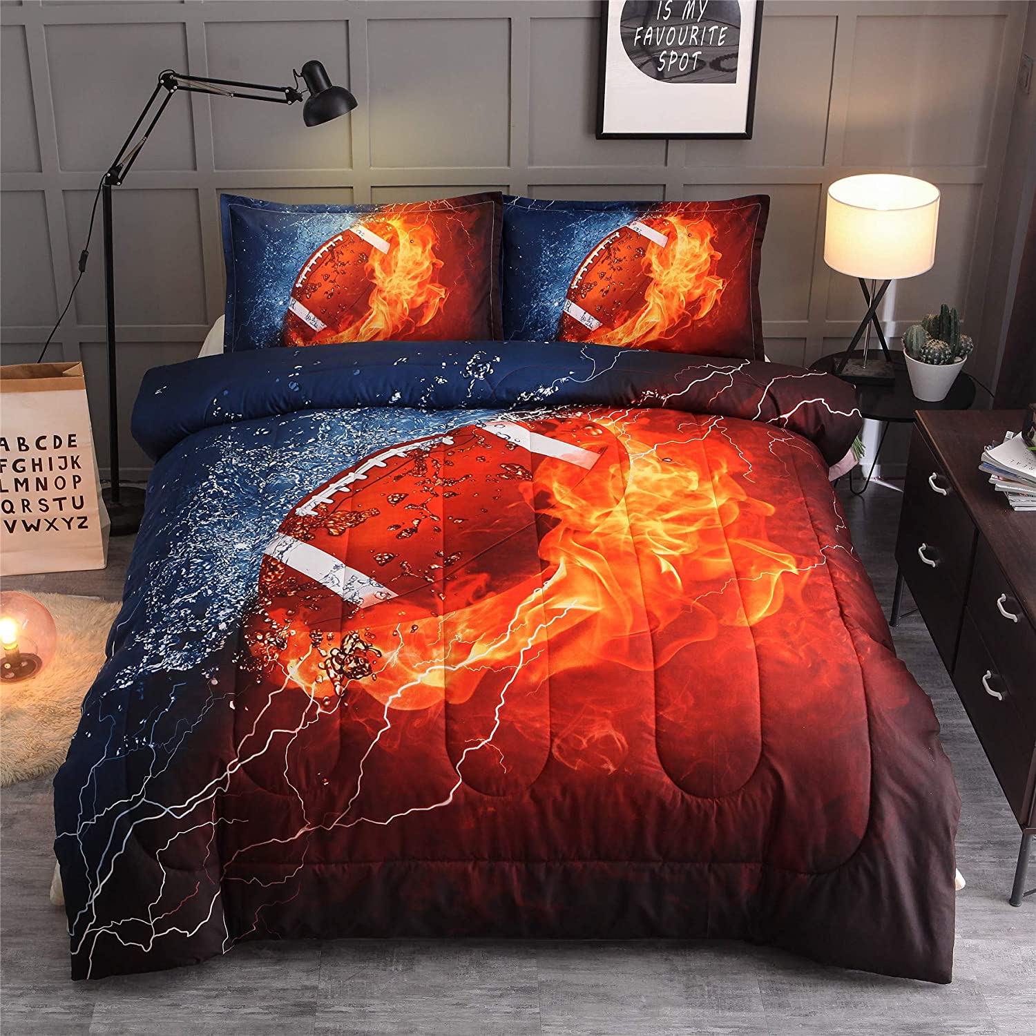 Price:$46.99 Nice Night Rugby American Football，with Fire and Ice Pattern, Comforter Quilt Set Bedding Set Full Size for Teen Boys ( Rugby) : Home & Kitchen