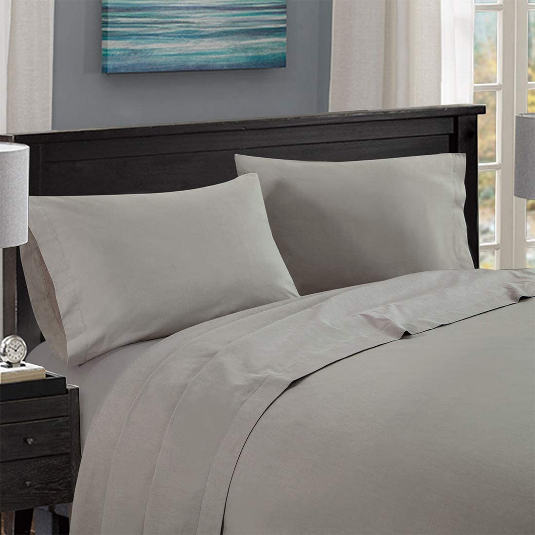 Price:$68.99 Luxury 1000-Thread-Count 100% Egyptian Cotton Bed Sheets,4-Pc Grey Queen Sheet Set,1 Flat Sheet,1 Deep Pocket Fitted Sheet and 2 Pillowcases,Sateen Weave, Fits Mattress Upto 18" Deep Pocket : Home & Kitchen