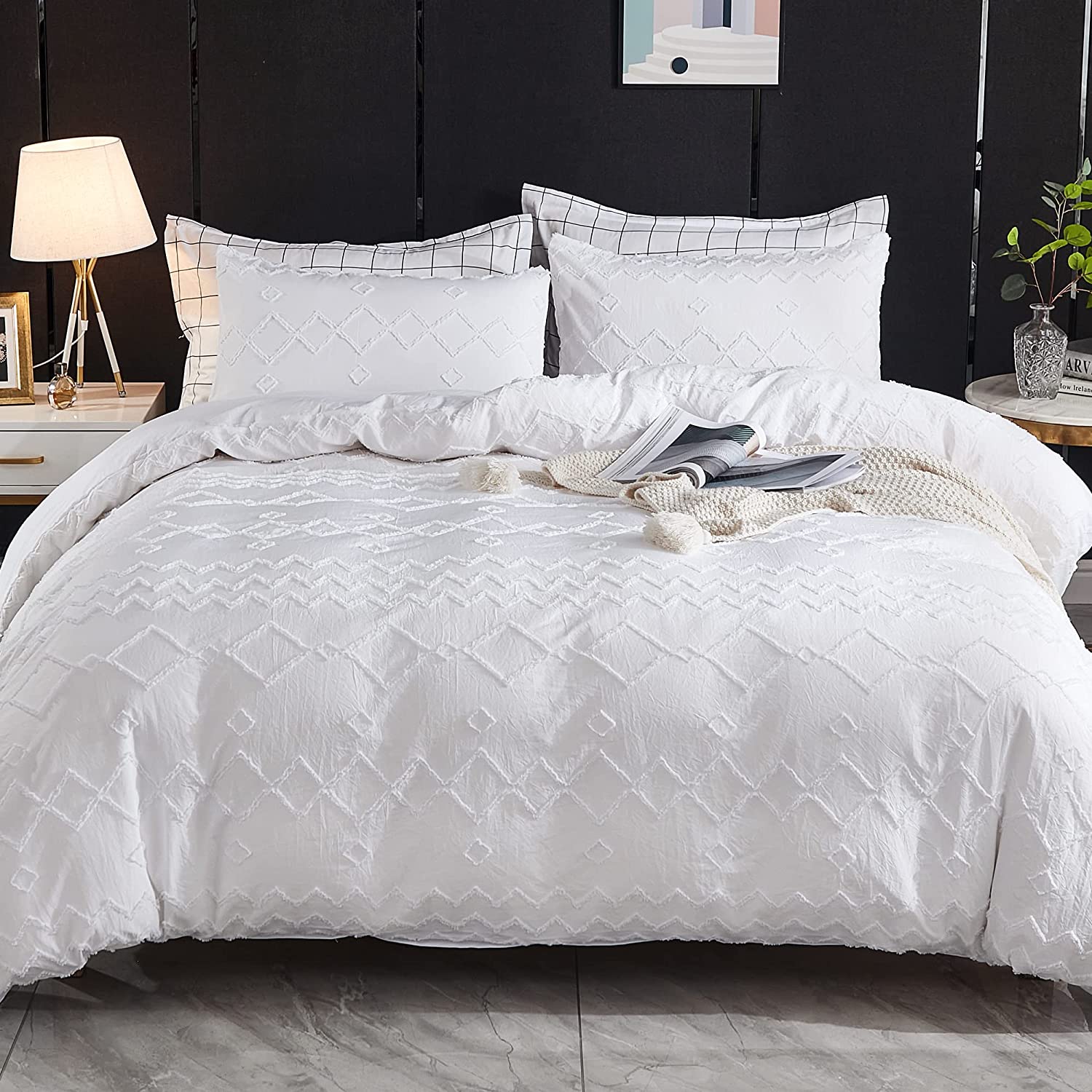 Price:$38.99 White Tufted Duvet Cover Queen Size (90x90 Inch), 3 Pieces Boho Soft Microfiber Bedding for All Seasons, Shabby Chic Embroidery Geometric Comforter Cover with Zipper Closure Corner Ties : Home & Kitchen