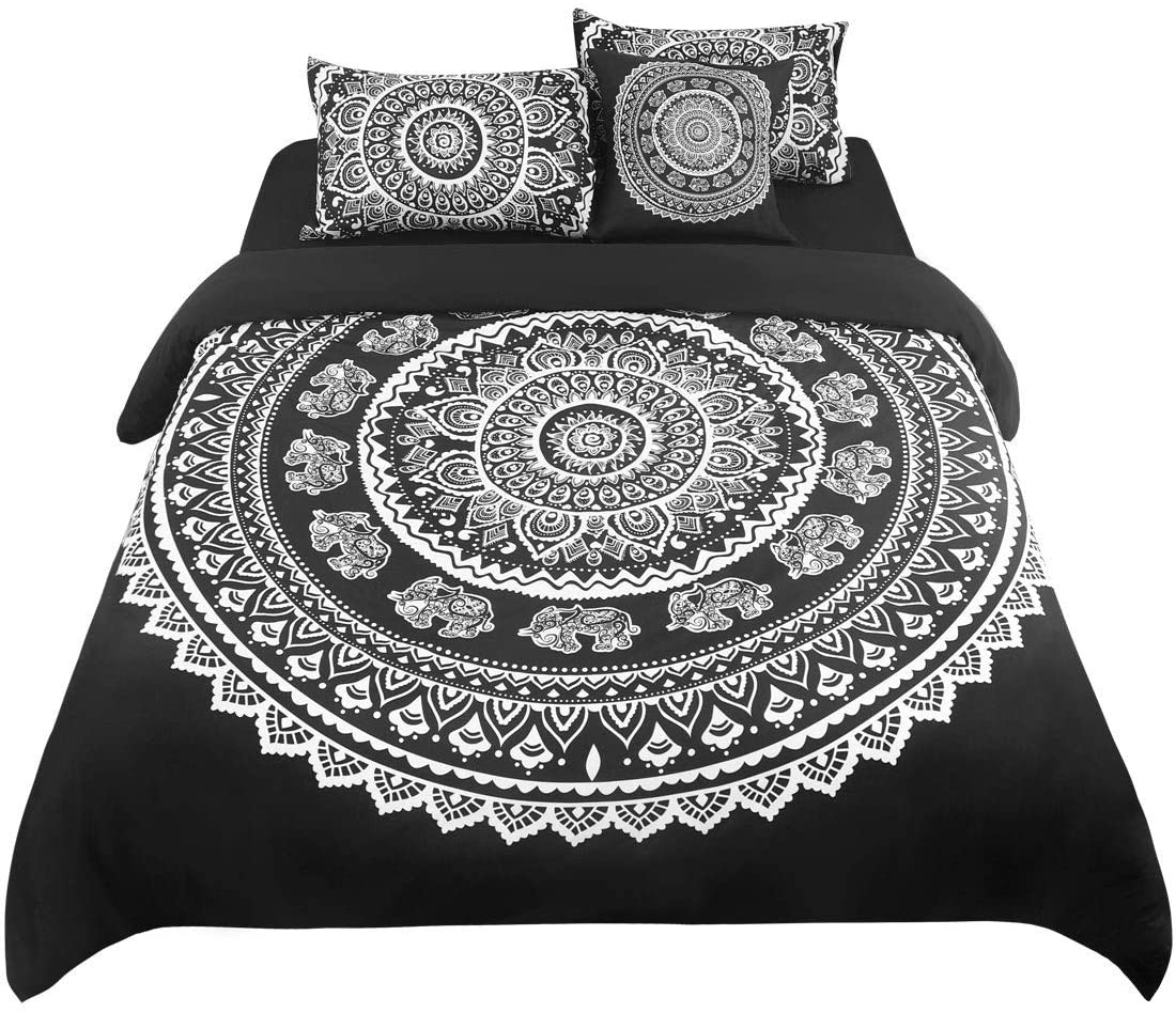 Price:$41.99 5Pcs Duvet Cover Set Bohemian Bedding Set Microfiber Polyester Comforter Cover with Zipper Closure and Corner Ties Including Fitted Sheet and Throw Pillowcase Black Queen : Home & Kitchen