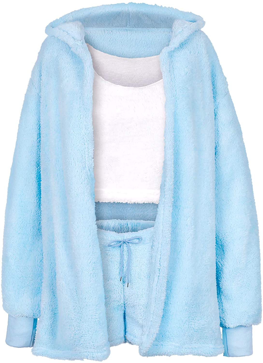 Price:$26.99 Womens Sexy Warm Fuzzy Fleece 3 Piece Outfits Pajamas Soft Sherpa Coat Jacket and Crop Top Shorts Set (Refreshing Light Blue, US XL Size (Asia XXL)) at Amazon Women’s Clothing store